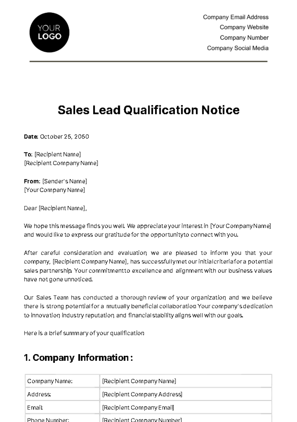 Sales Lead Qualification Notice Template