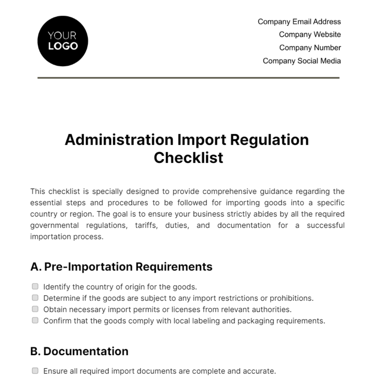 Administration Import Regulation Checklist Template - Edit Online ...