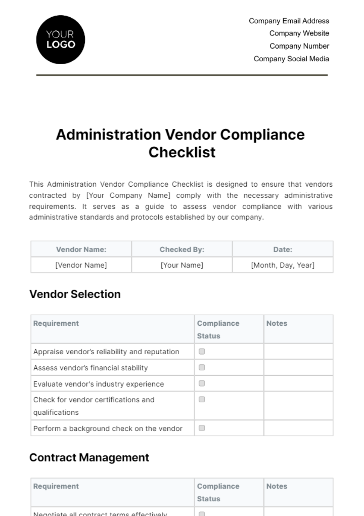 Free Administration Vendor Compliance Checklist Template