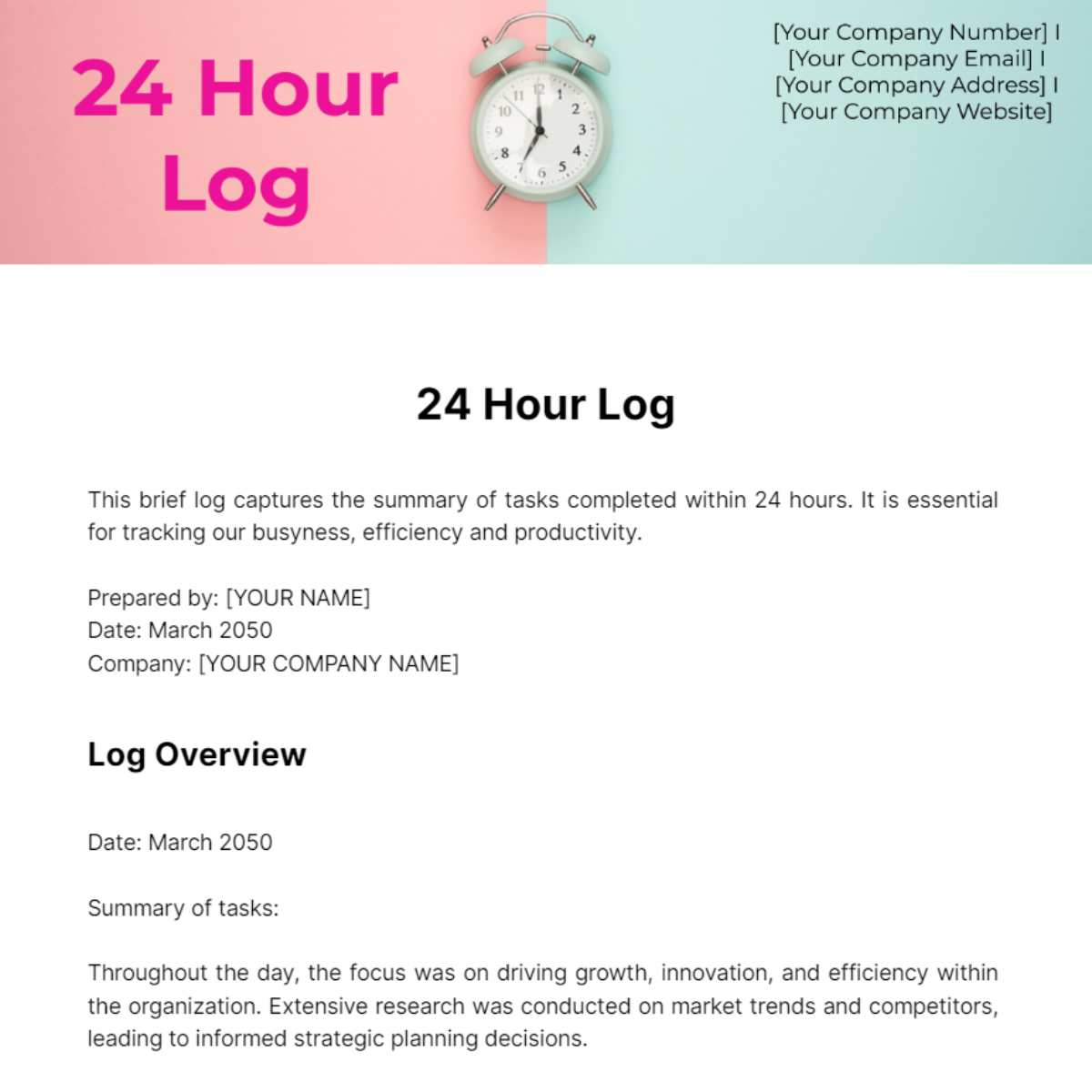 Free 24 Hour Log Template