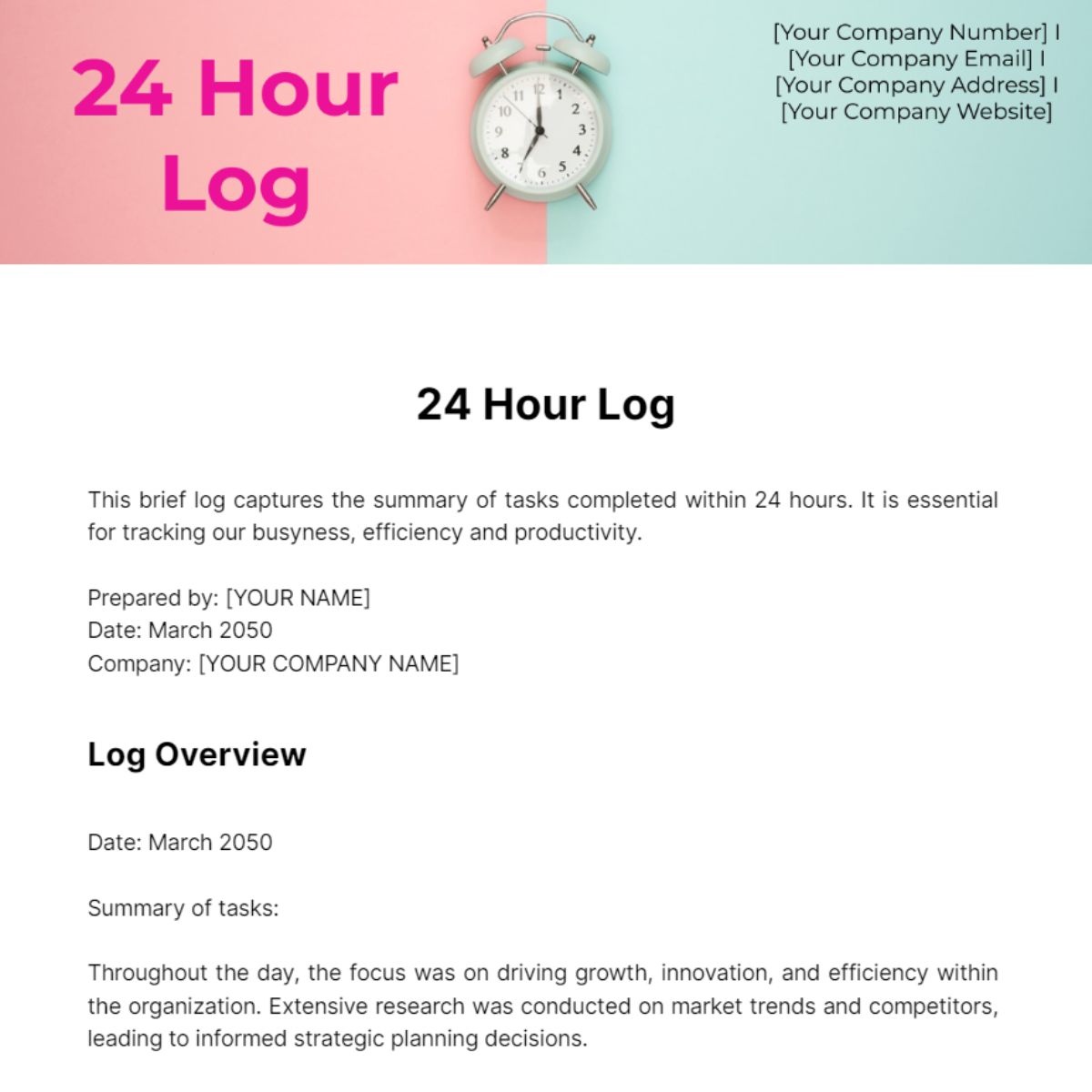 Free 24 Hour Log Template - Edit Online & Download | Template.net