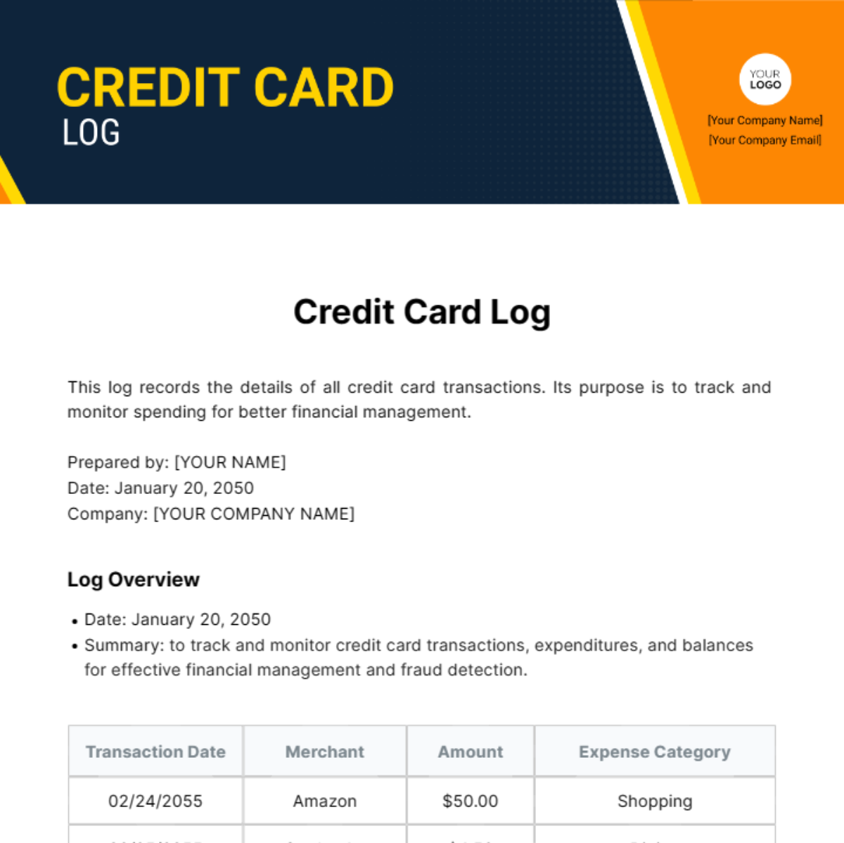 Credit Card Log Template