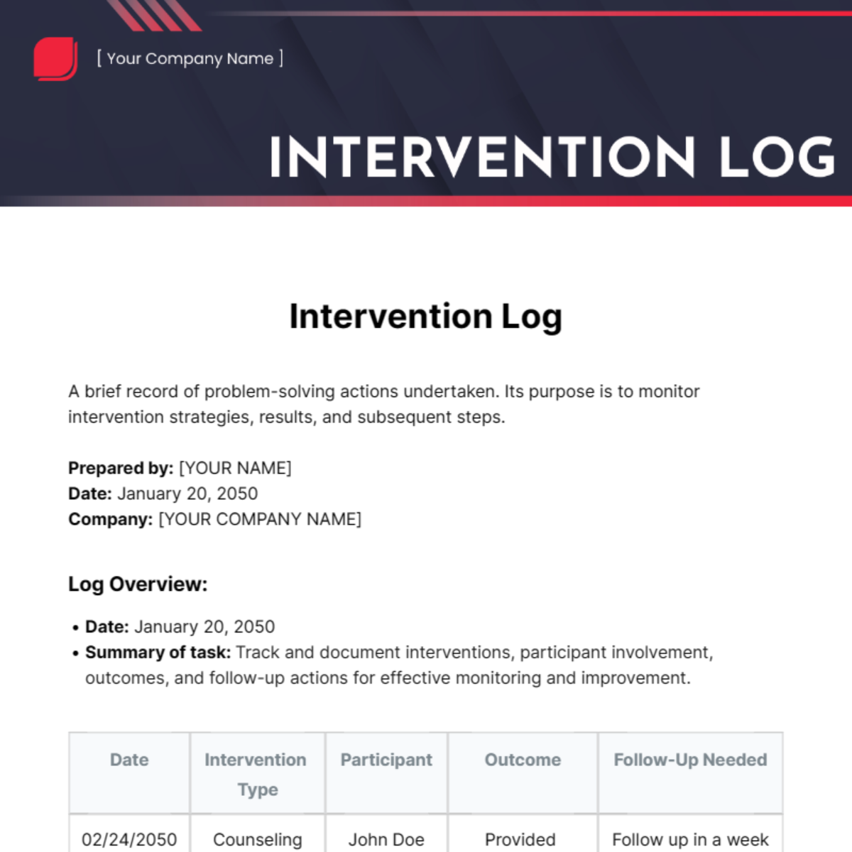 Free Intervention Log Template