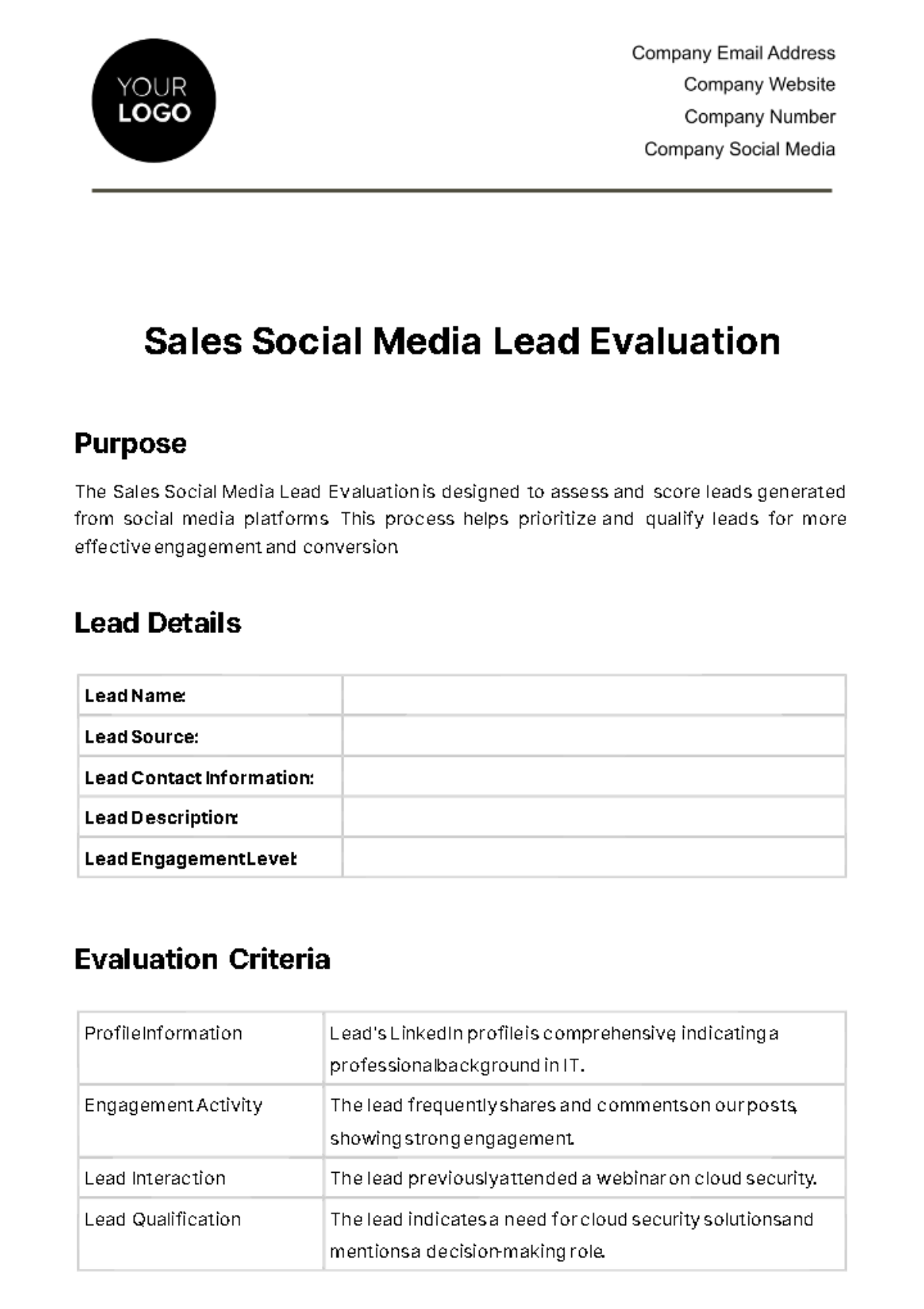 Sales Social Media Lead Evaluation Template