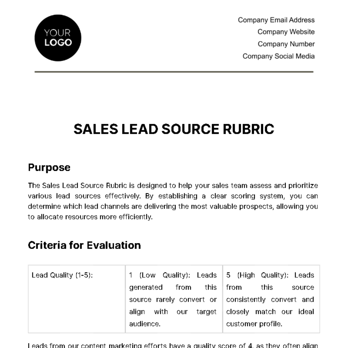 Free Sales Lead Source Rubric Template