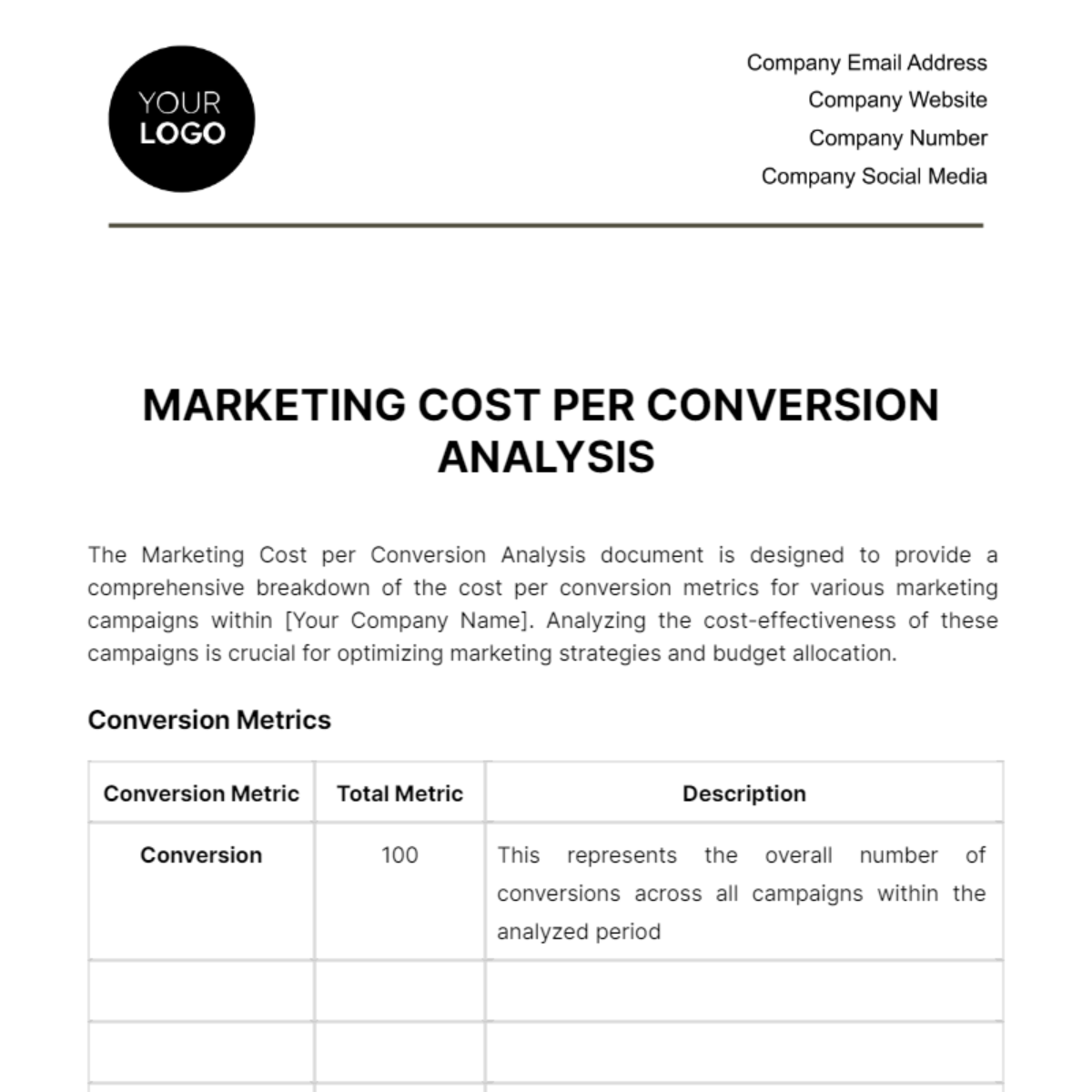 Free Marketing Cost per Conversion Analysis Template