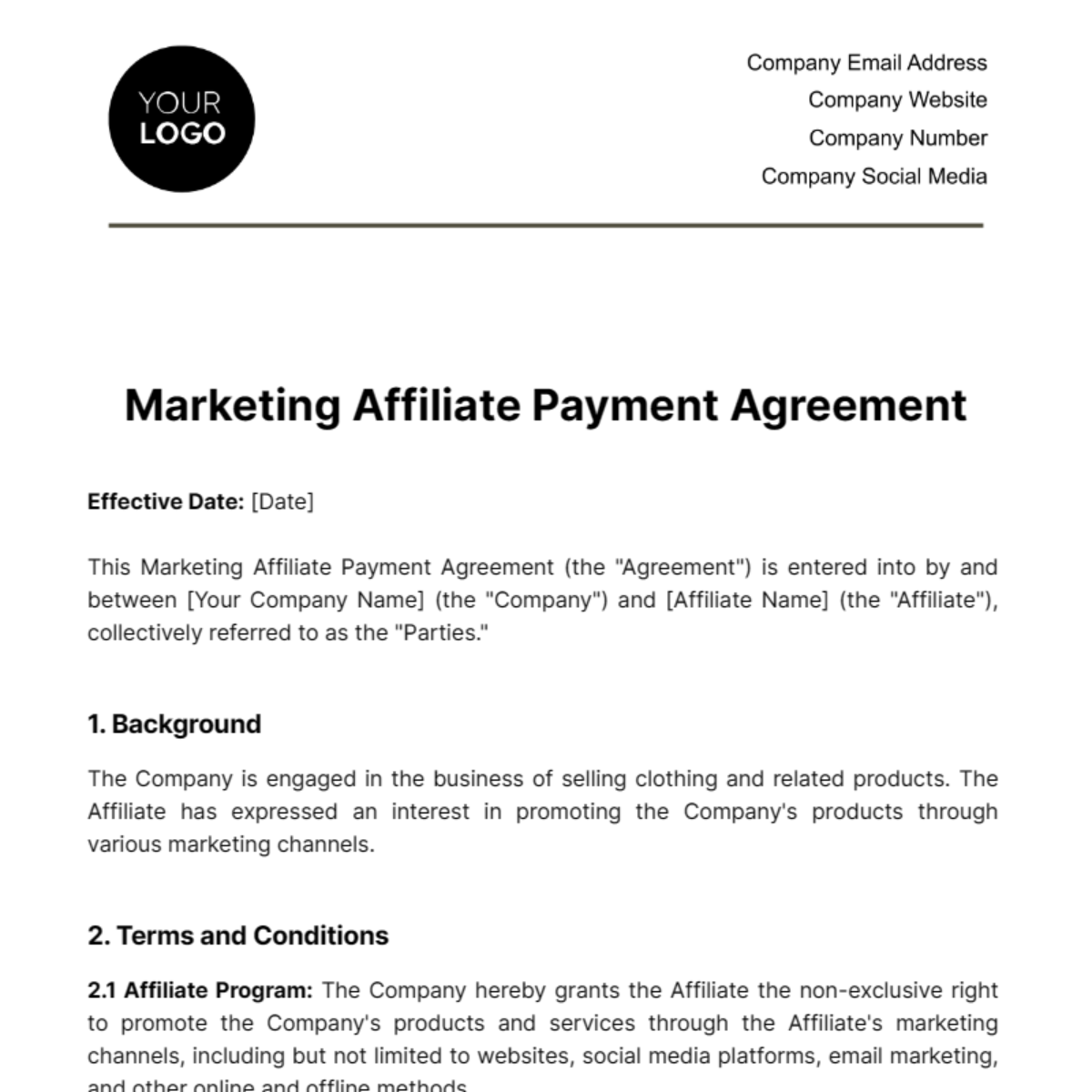 Free Marketing Affiliate Payment Agreement Template