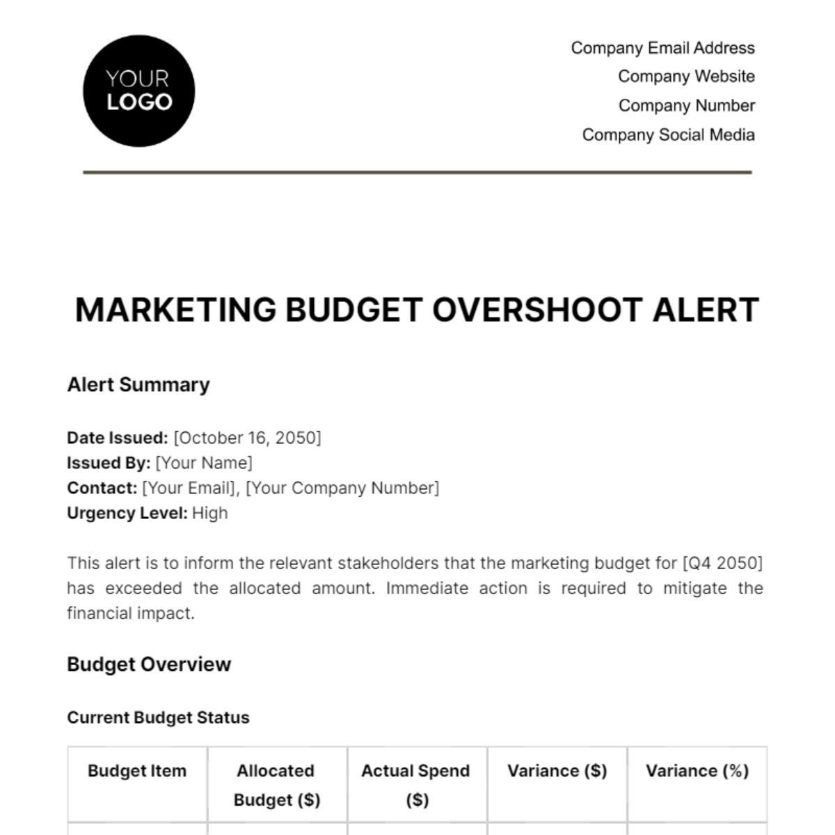 Free Marketing Budget Overshoot Alert Template