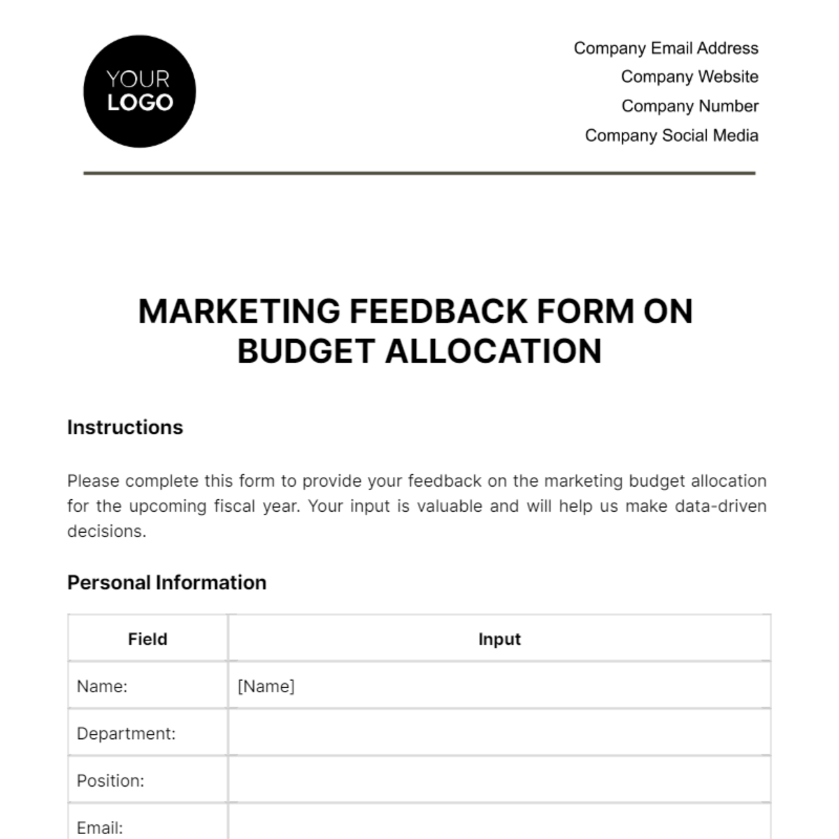 Marketing Feedback Form on Budget Allocation Template