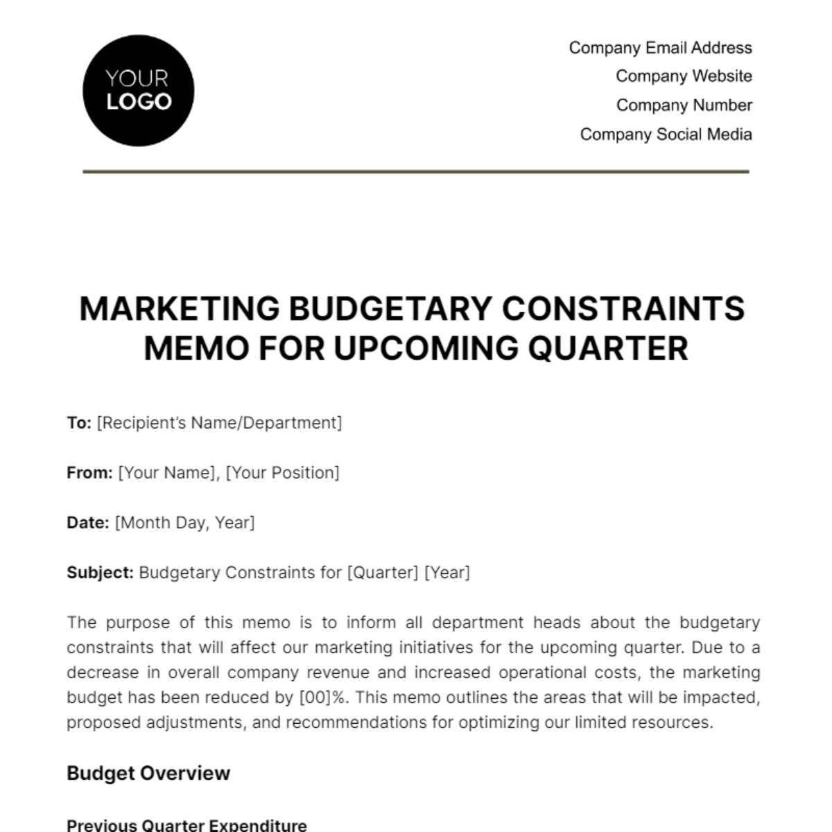 Free Marketing Budgetary Constraints Memo for Upcoming Quarter Template