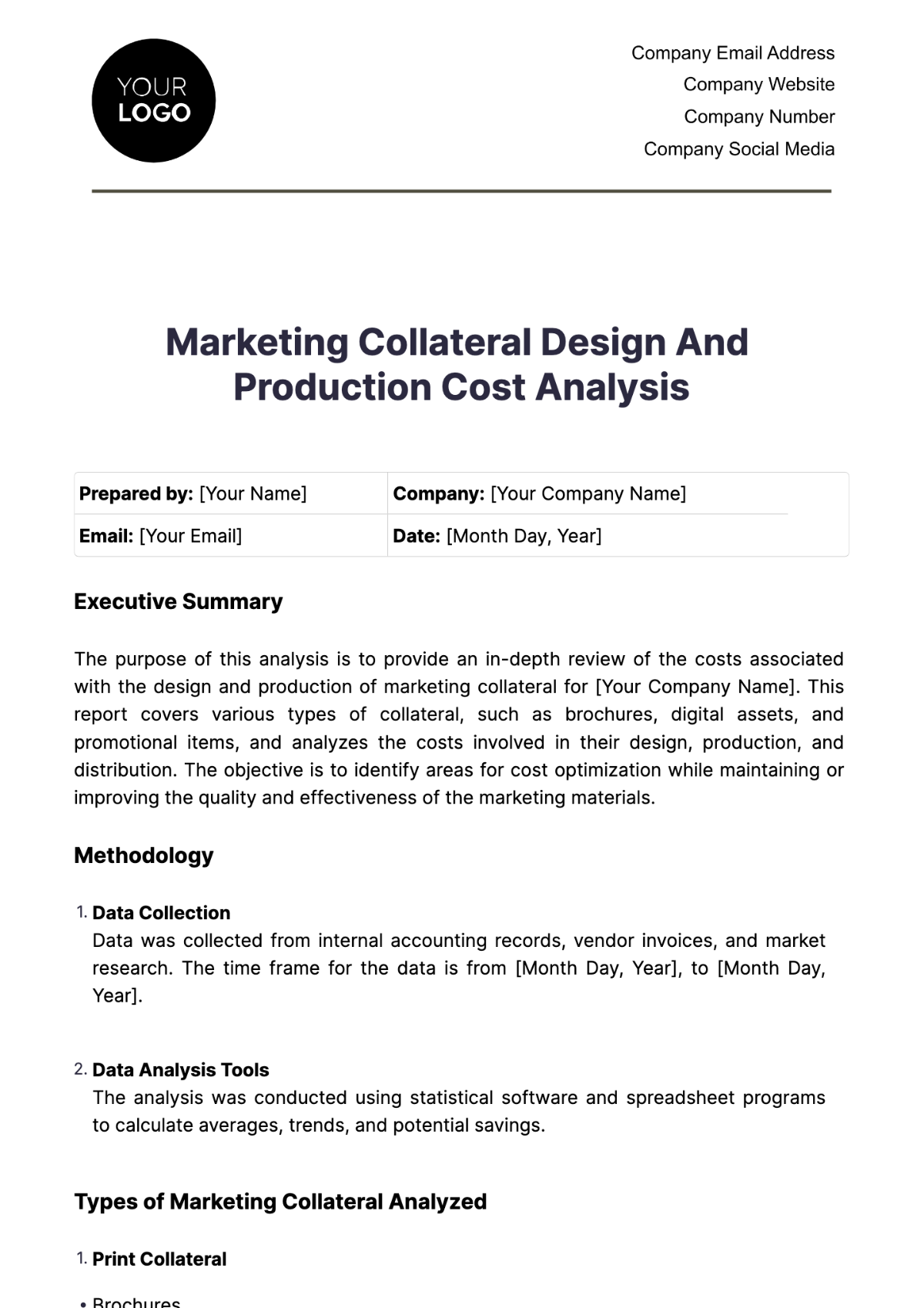 Marketing Collateral Design and Production Cost Analysis Template - Edit Online & Download