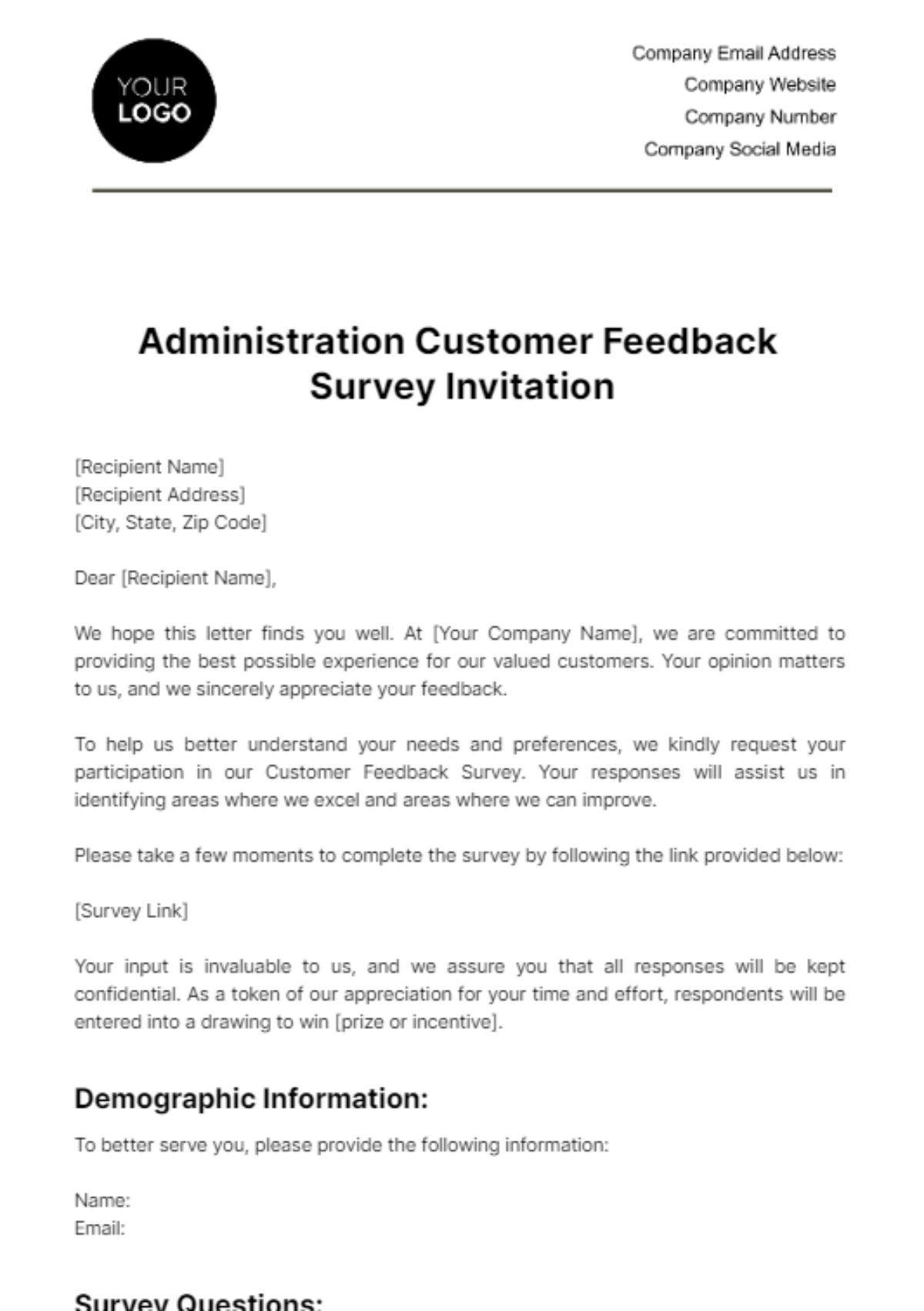 Administration Customer Feedback Survey Invitation Template