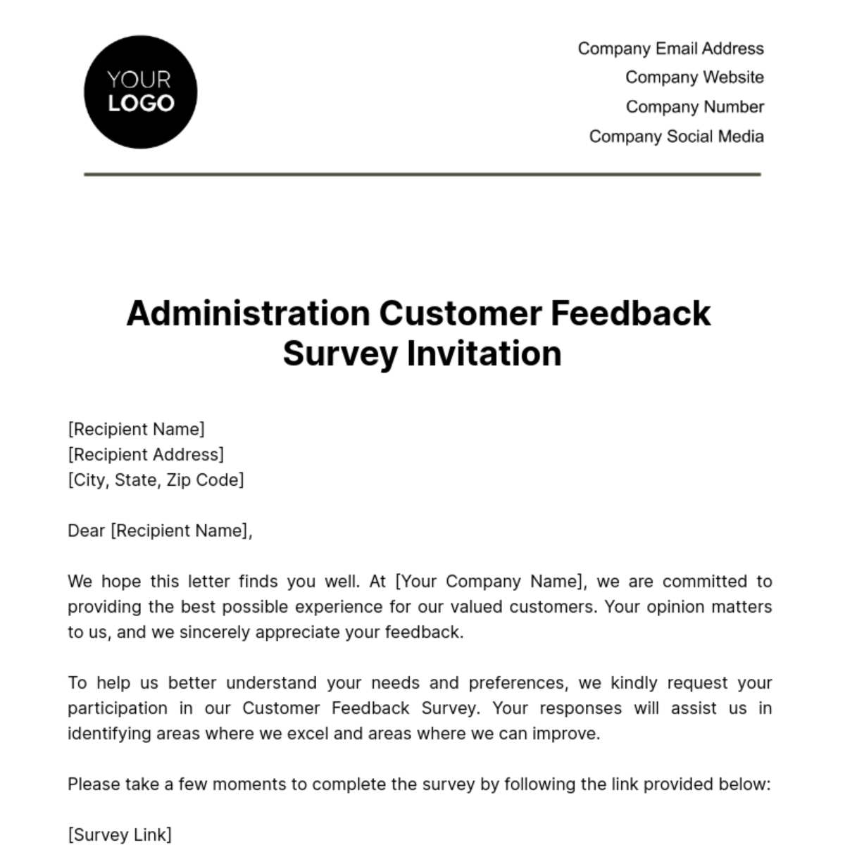 Administration Customer Feedback Survey Invitation Template - Edit ...