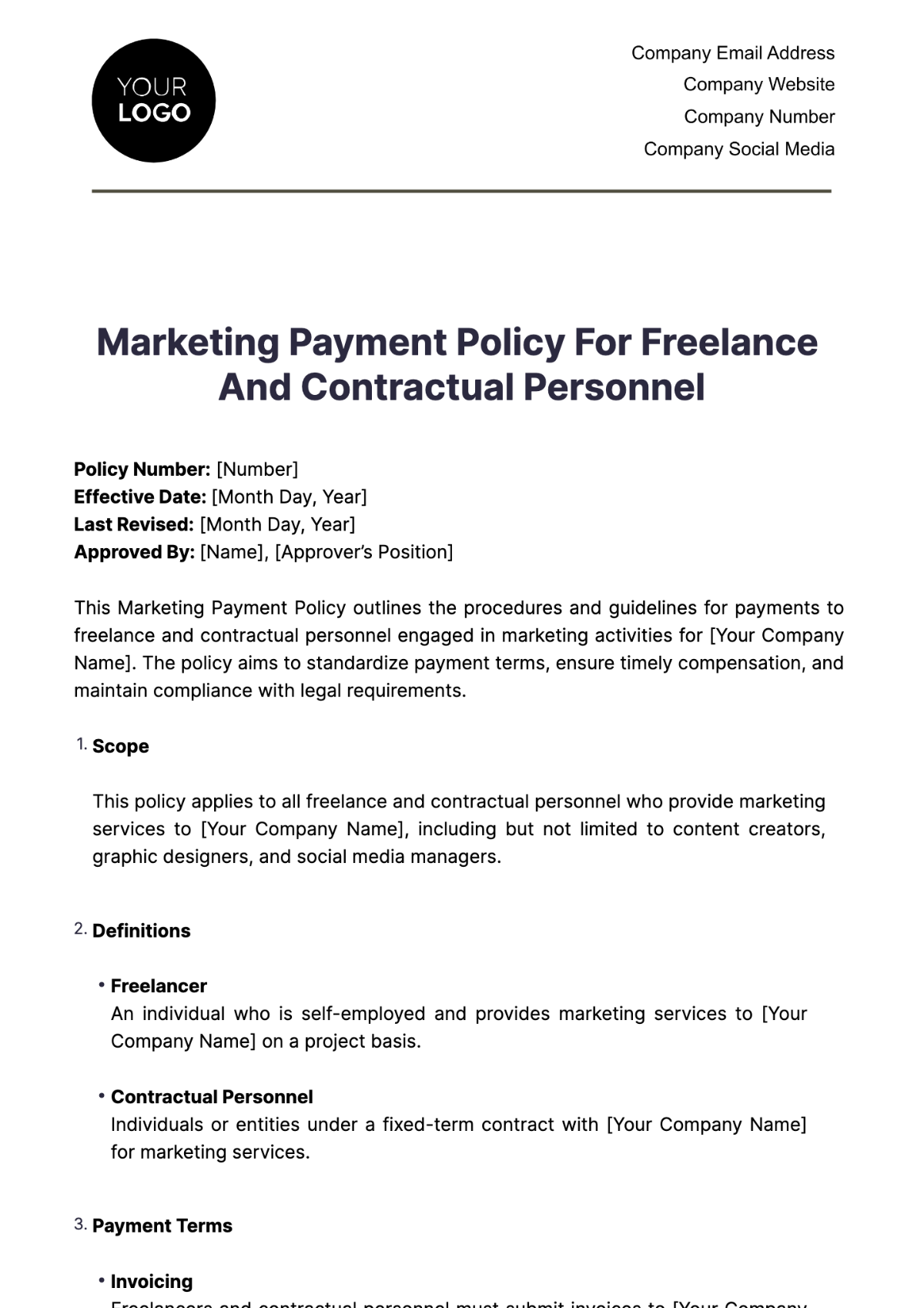 Marketing Payment Policy for Freelance and Contractual Personnel Template - Edit Online & Download