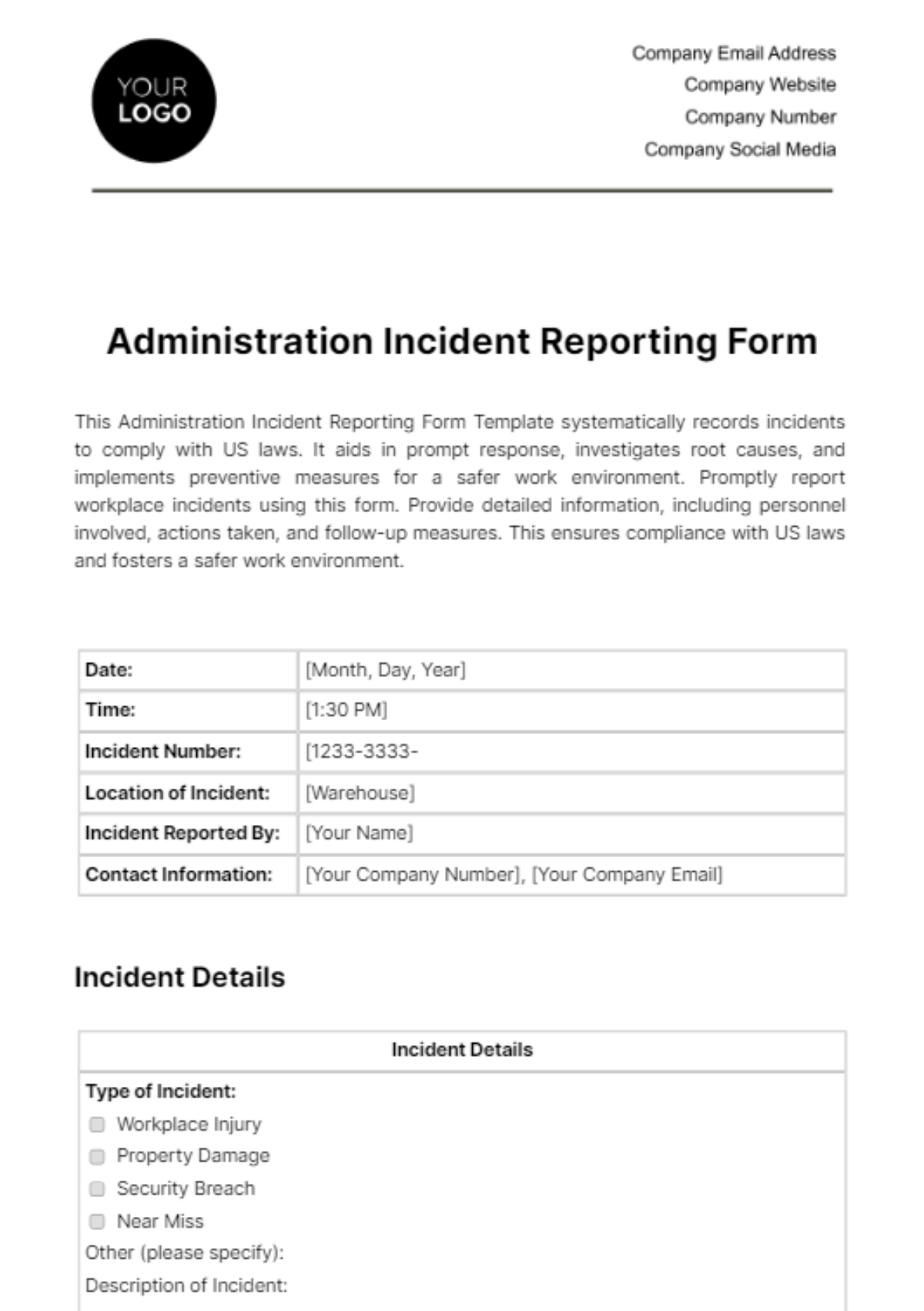 Administration Incident Reporting Form Template
