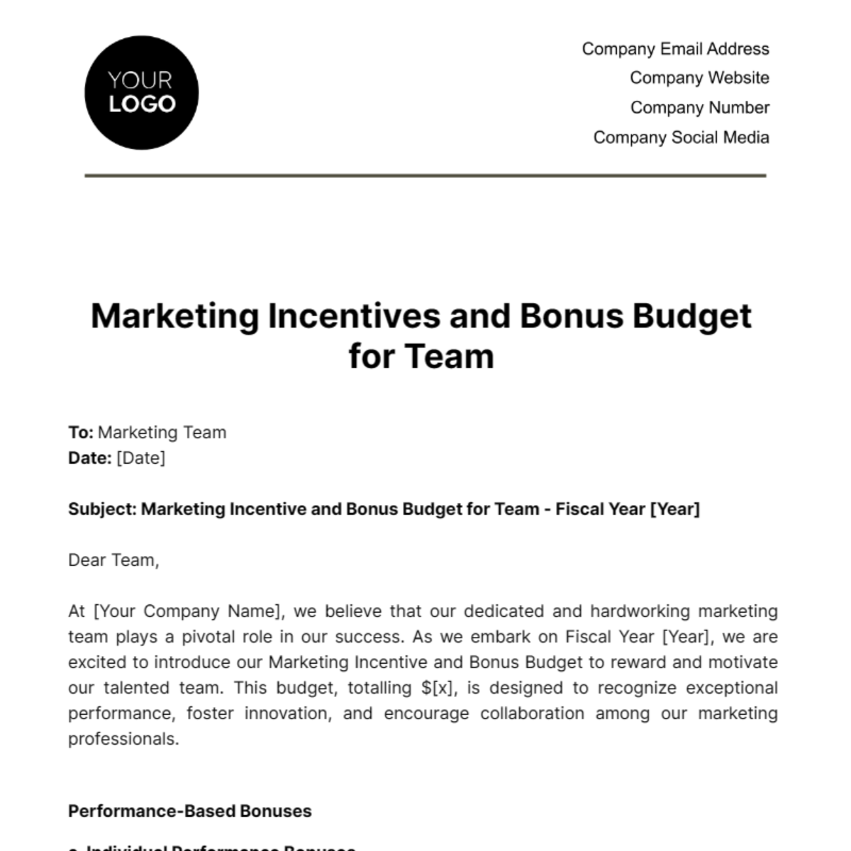 Marketing Incentive and Bonus Budget for Team Template