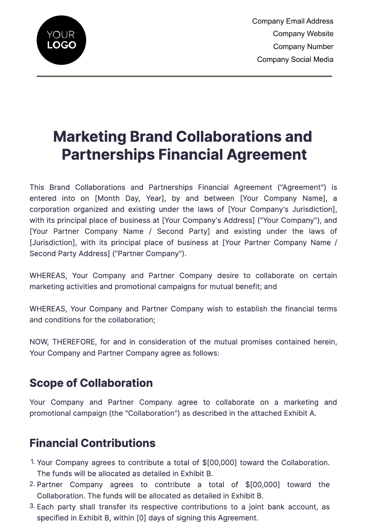 Marketing Brand Collaborations and Partnerships Financial Agreement Template - Edit Online & Download