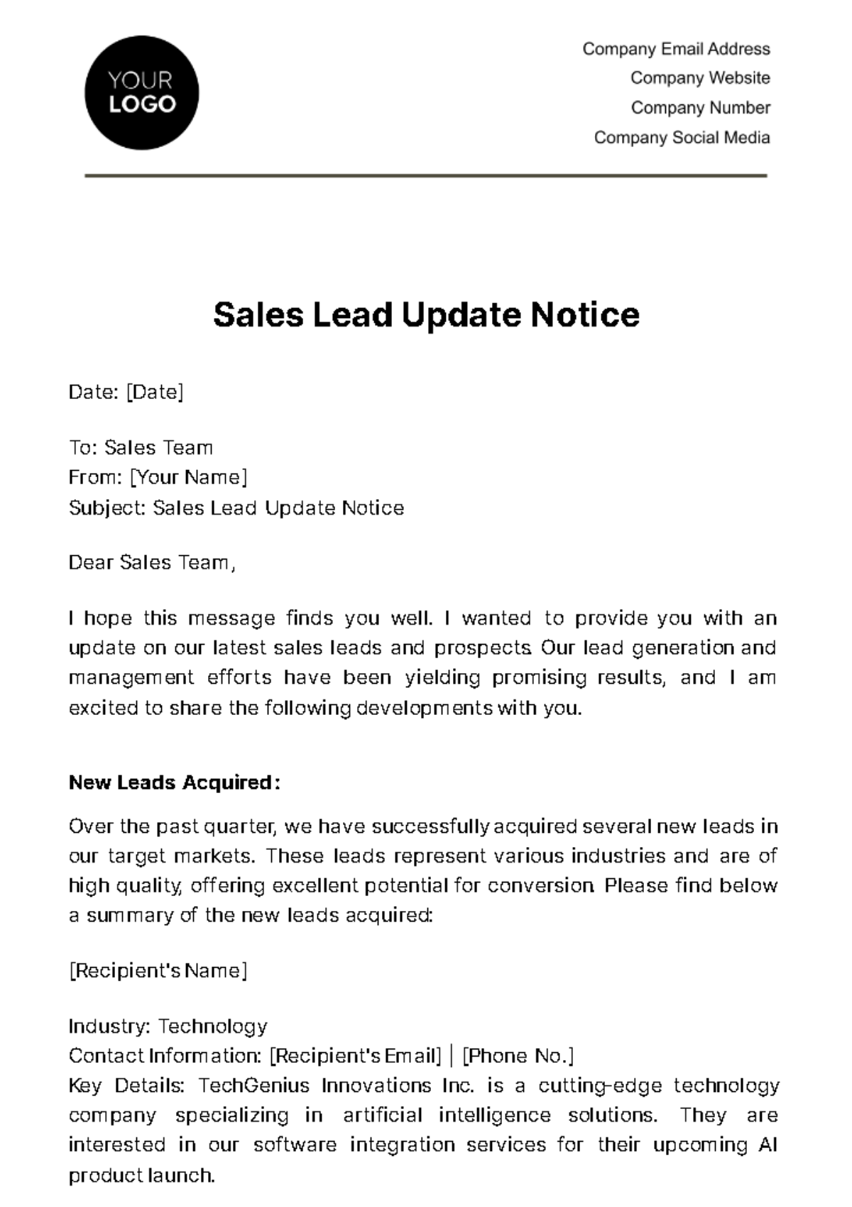 Sales Lead Update Notice Template