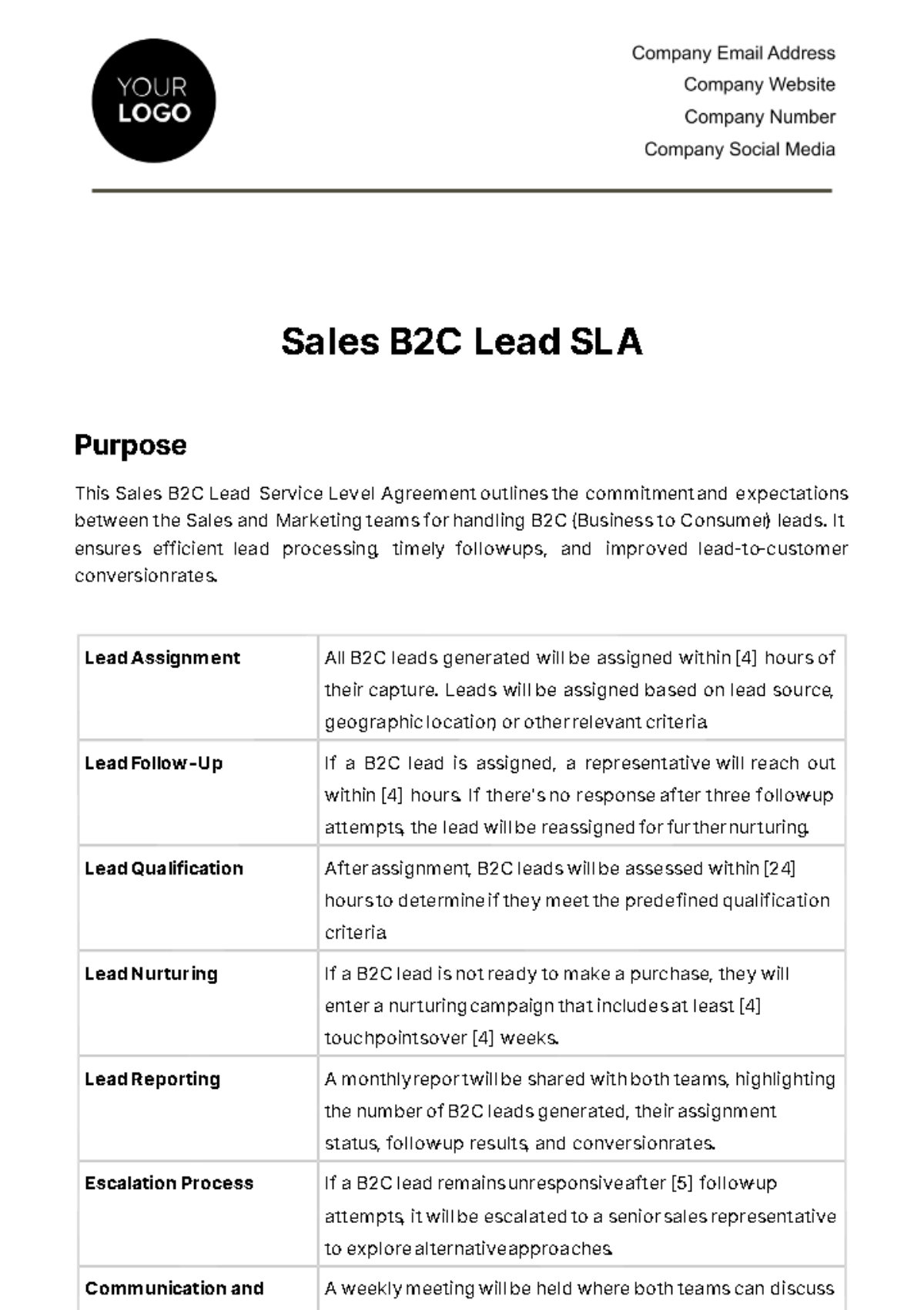 Free Sales B2C Lead SLA Template