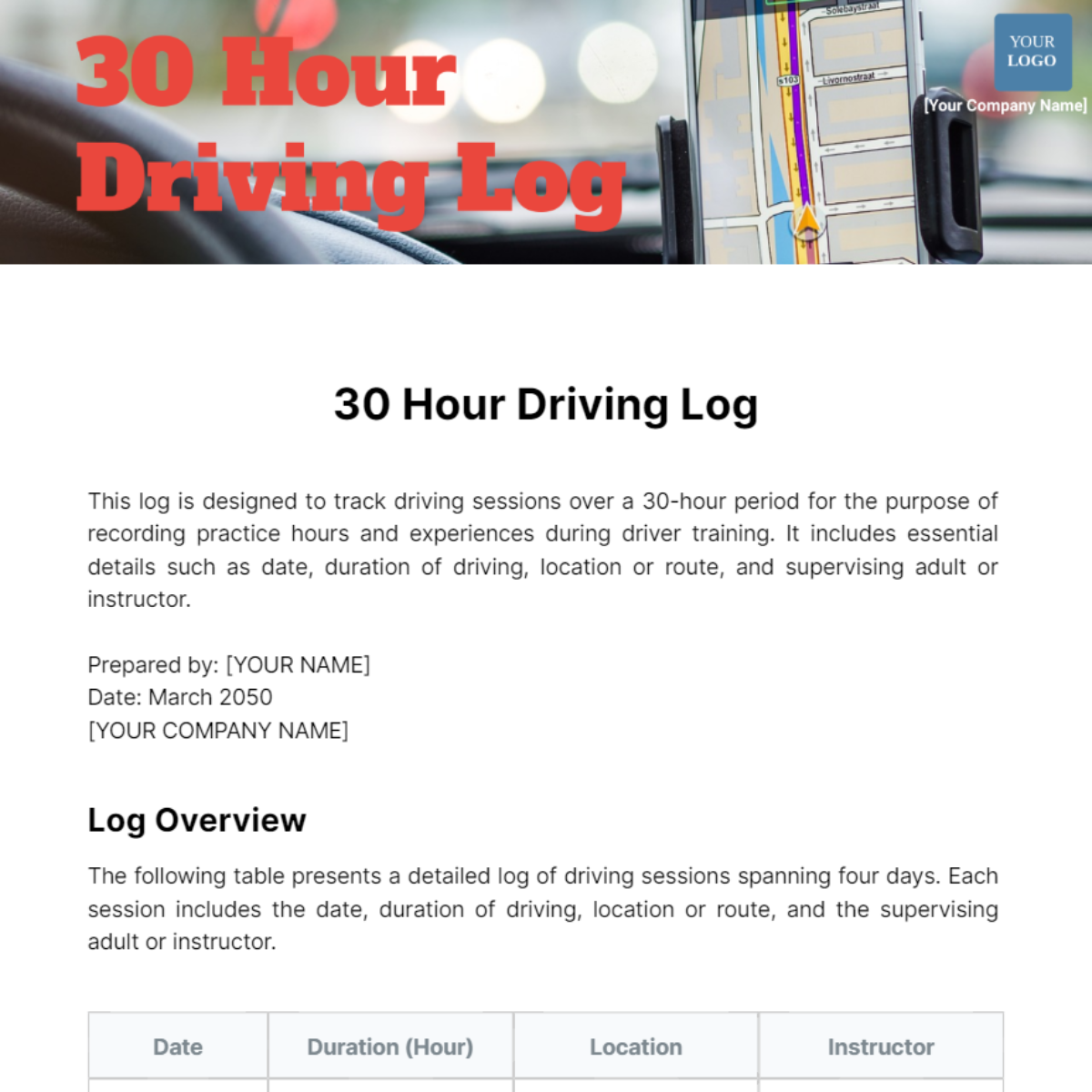 30 Hour Driving Log Template