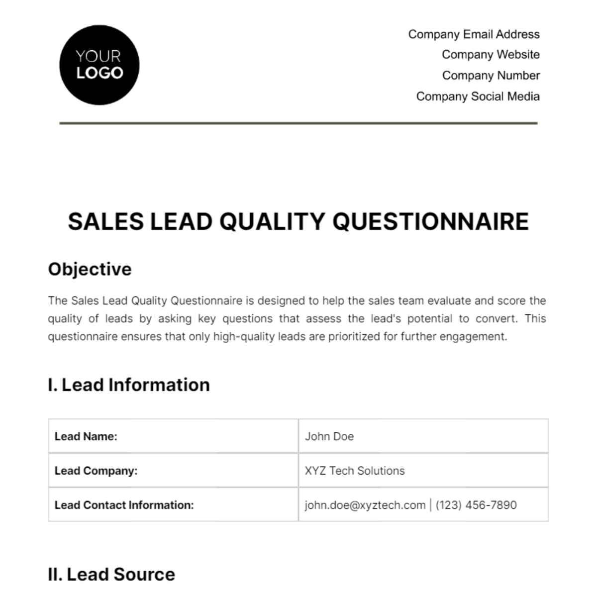 Sales Lead Quality Questionnaire Template