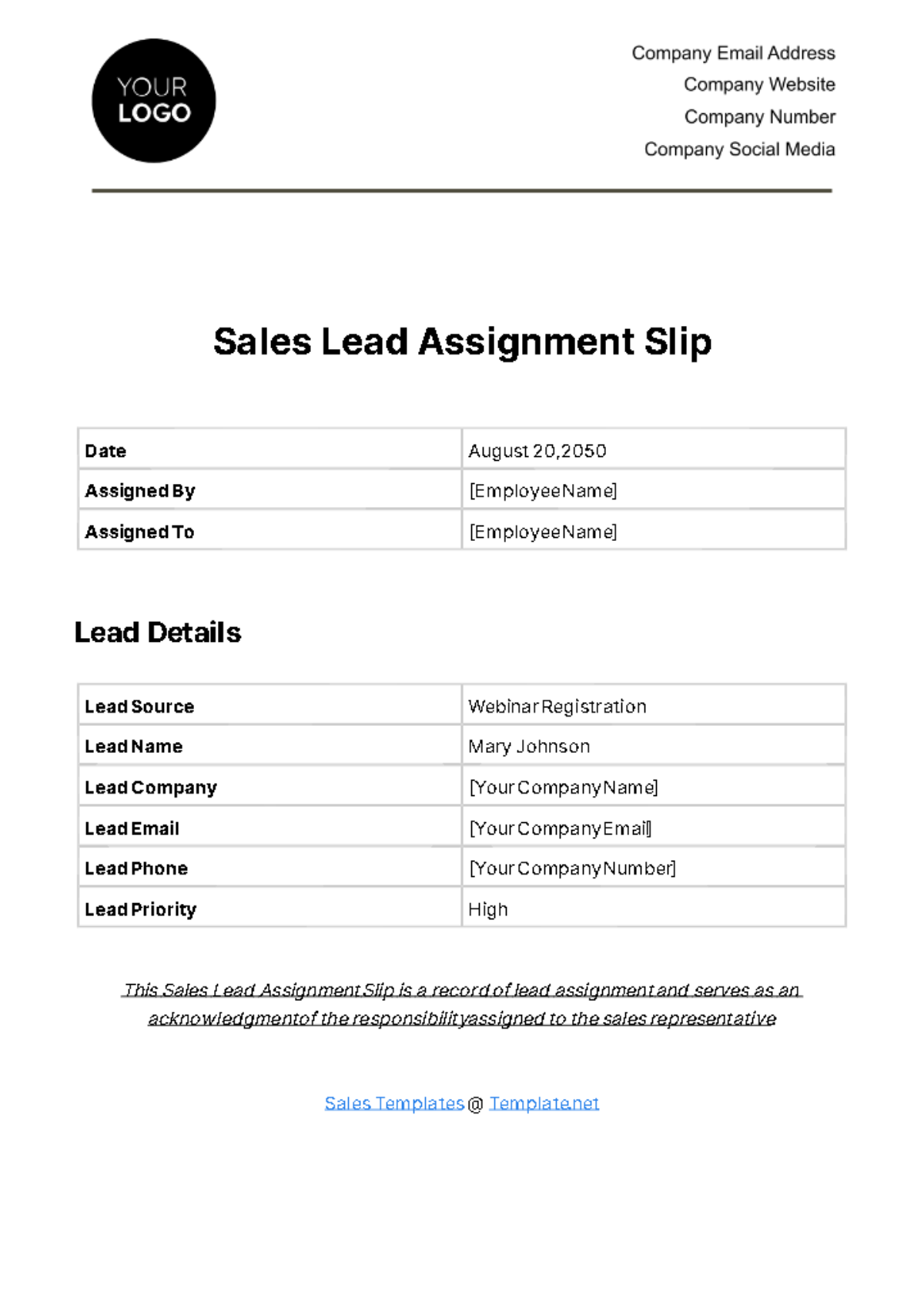 Free Sales Lead Assignment Slip Template