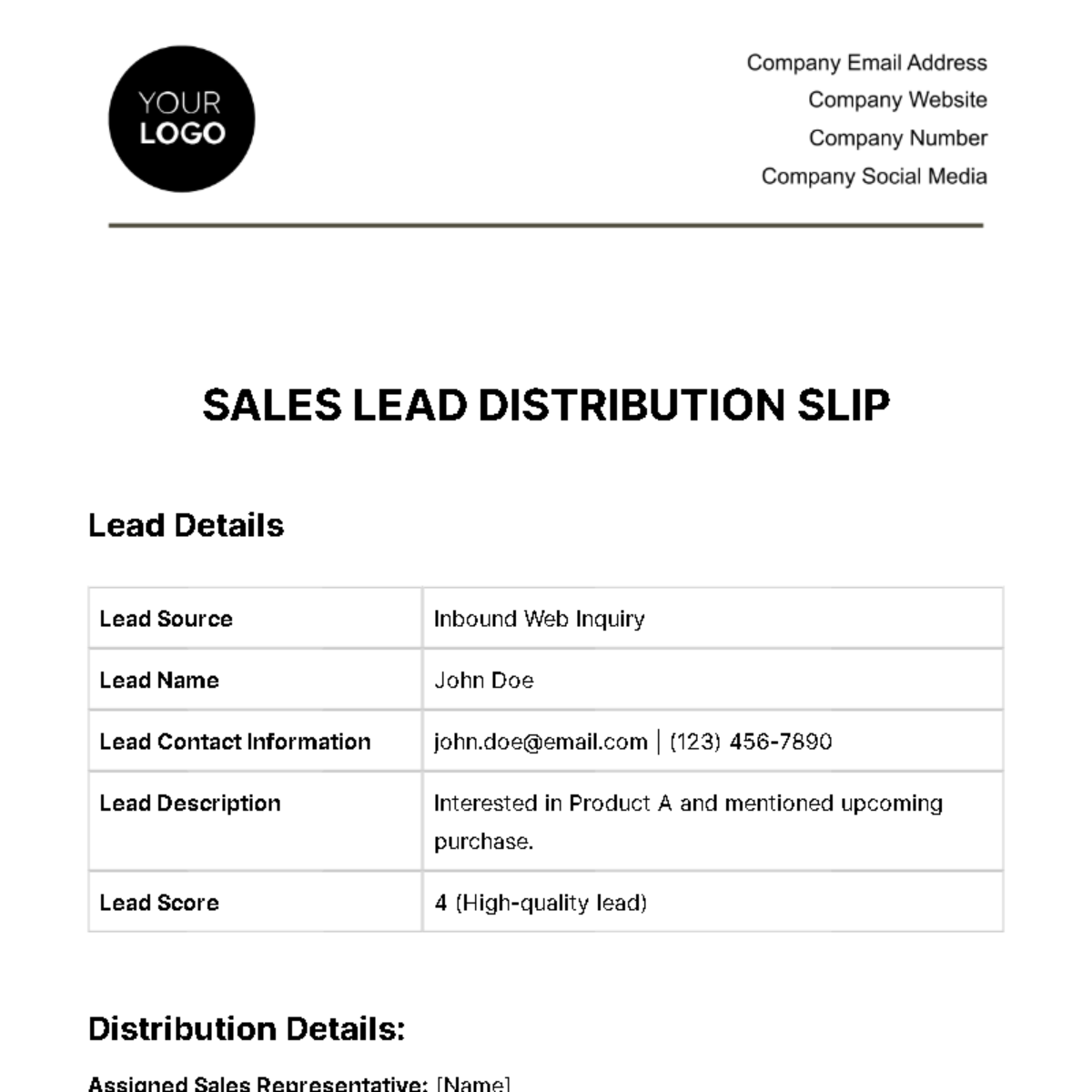 Free Sales Lead Distribution Slip Template