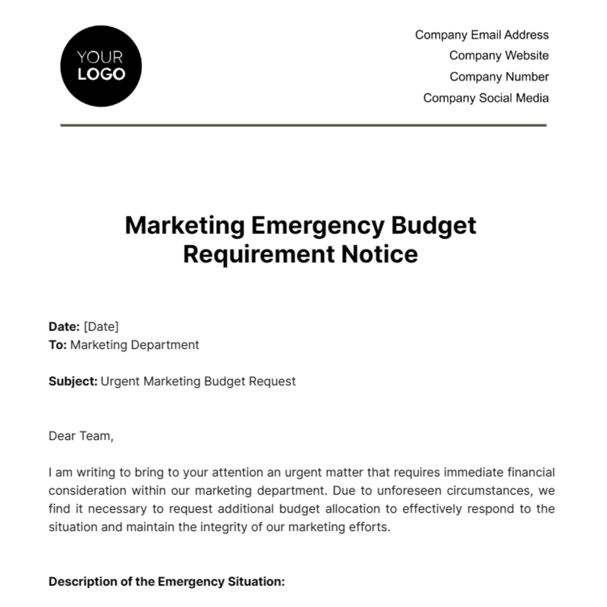 Free Marketing Emergency Budget Requirement Notice Template