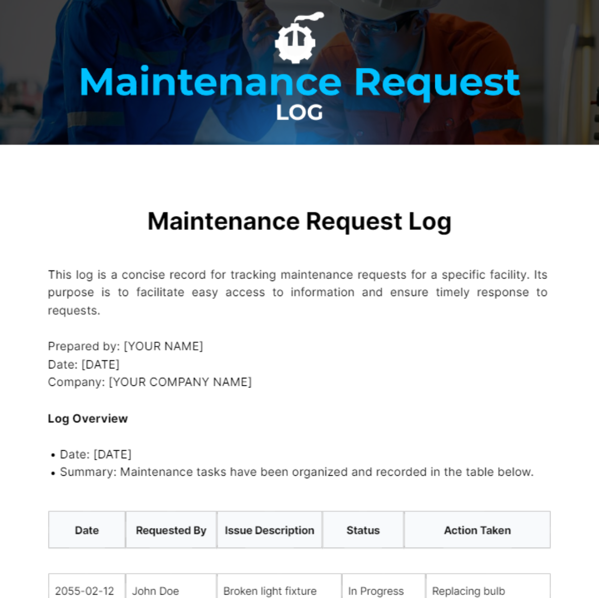 Free Maintenance Request Log Template