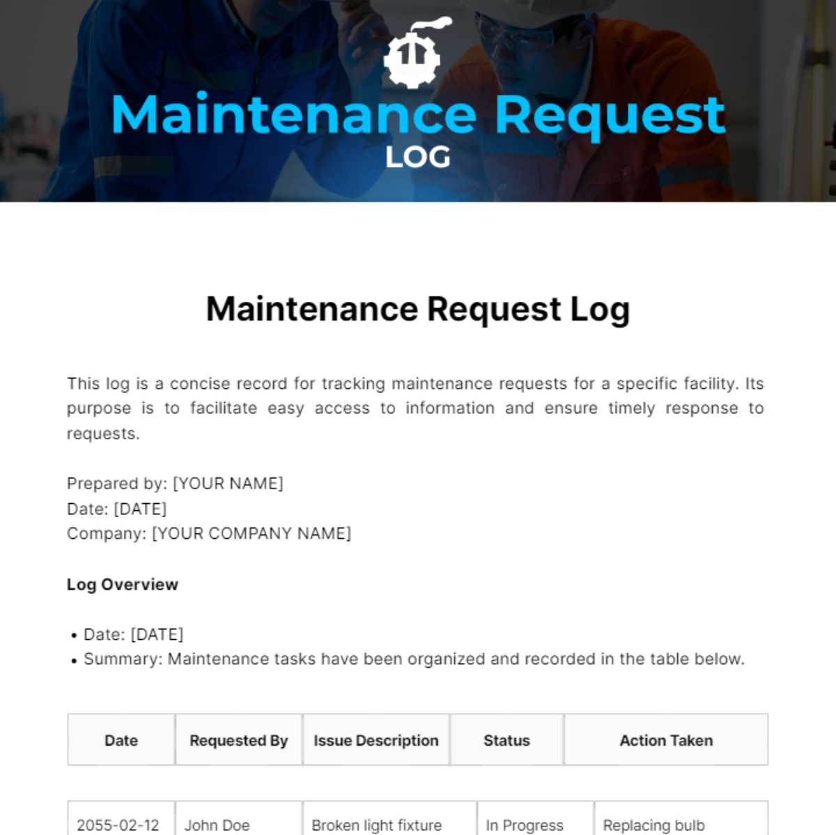 Maintenance Request Log Template - Edit Online & Download