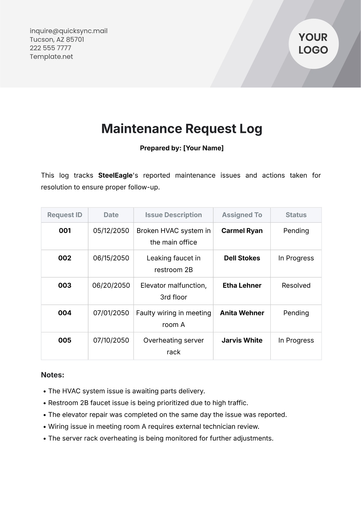 Maintenance Request Log Template - Edit Online & Download