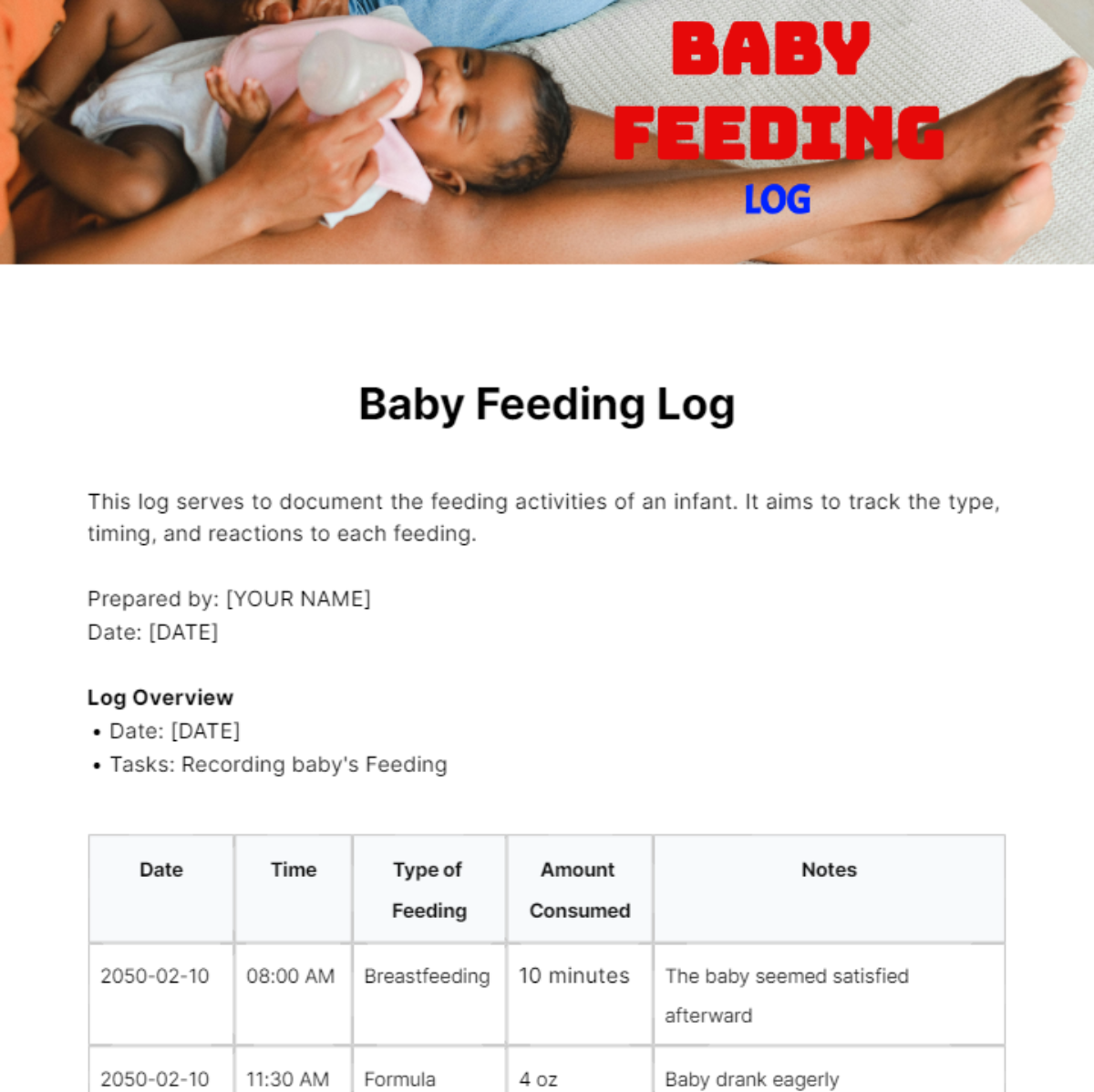 Free Baby Feeding Log Template