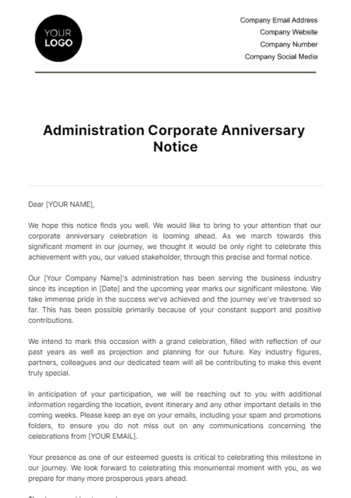 Administration Corporate Anniversary Notice Template