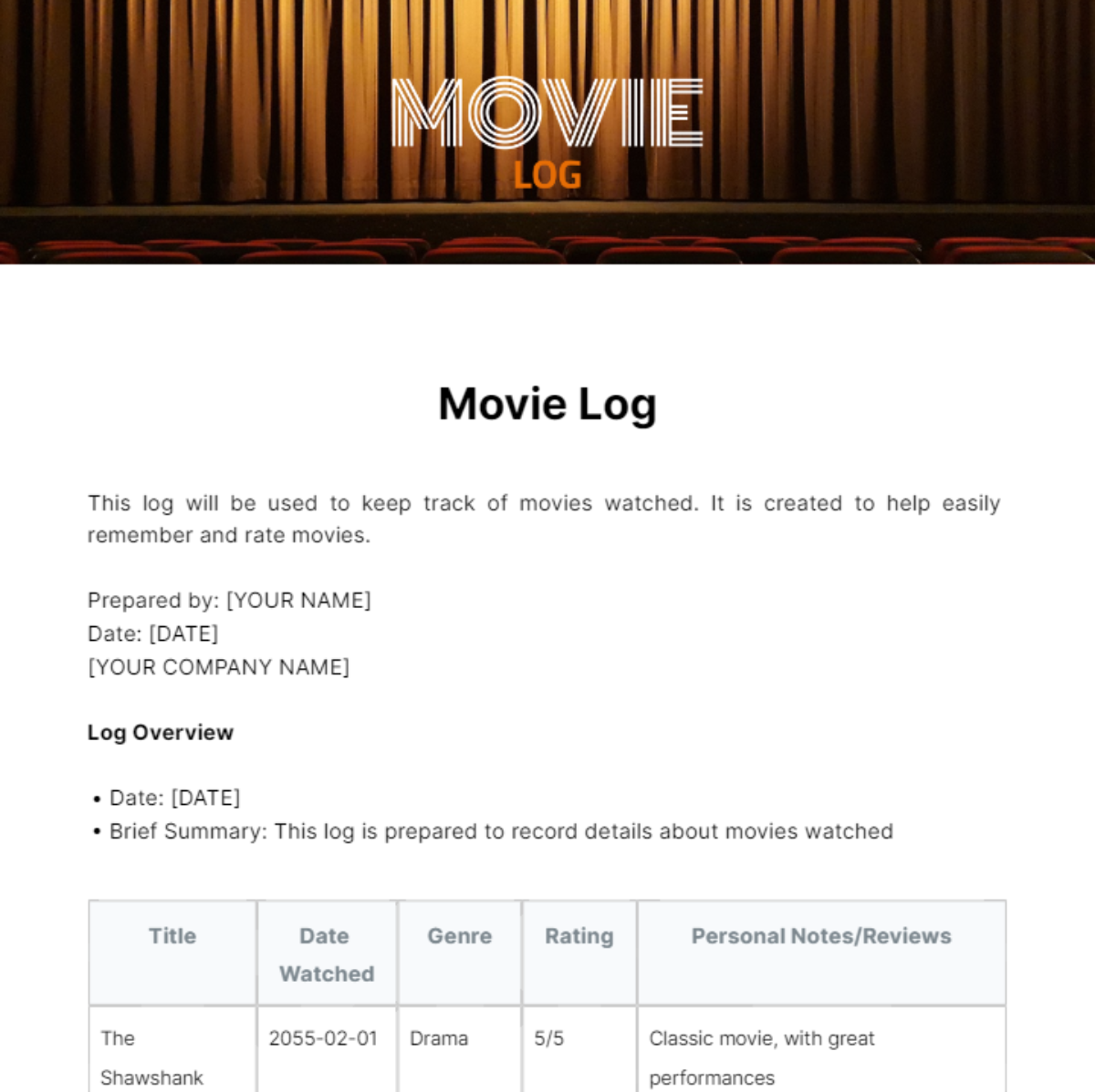 Free Movie Log Template