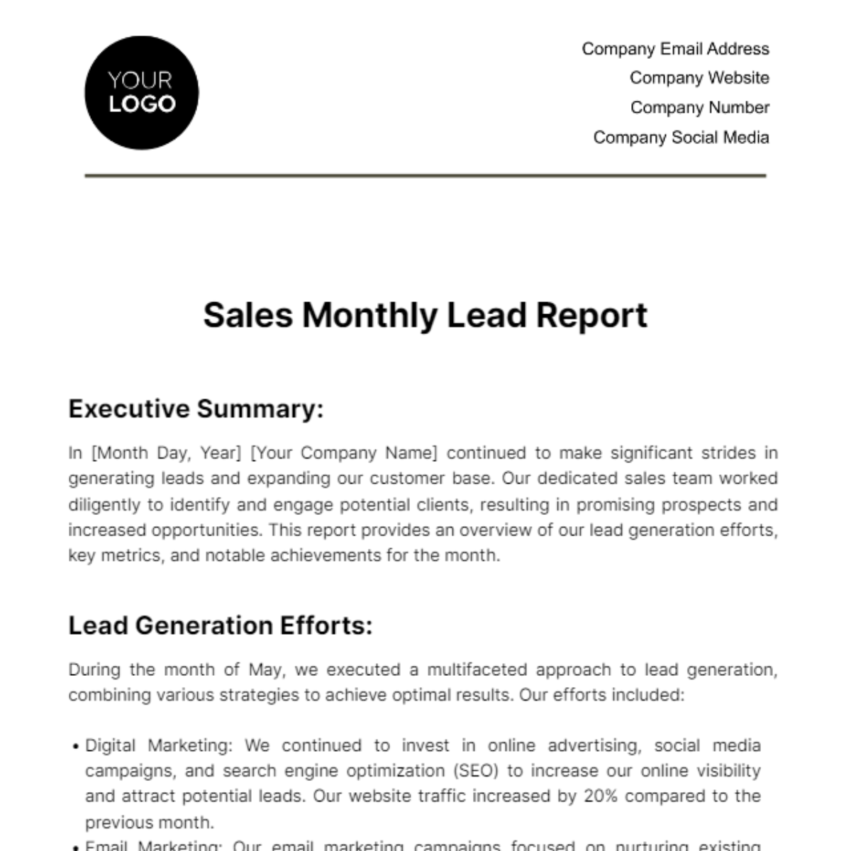 Sales Monthly Lead Report Template - Edit Online & Download Example ...