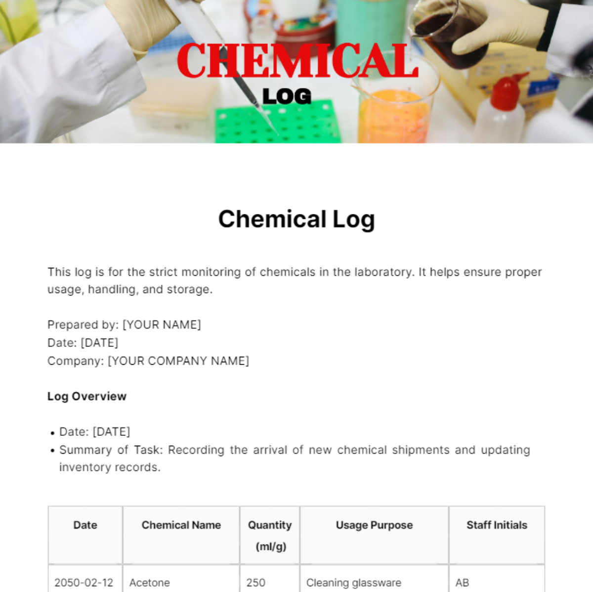 Free Chemical Log Template