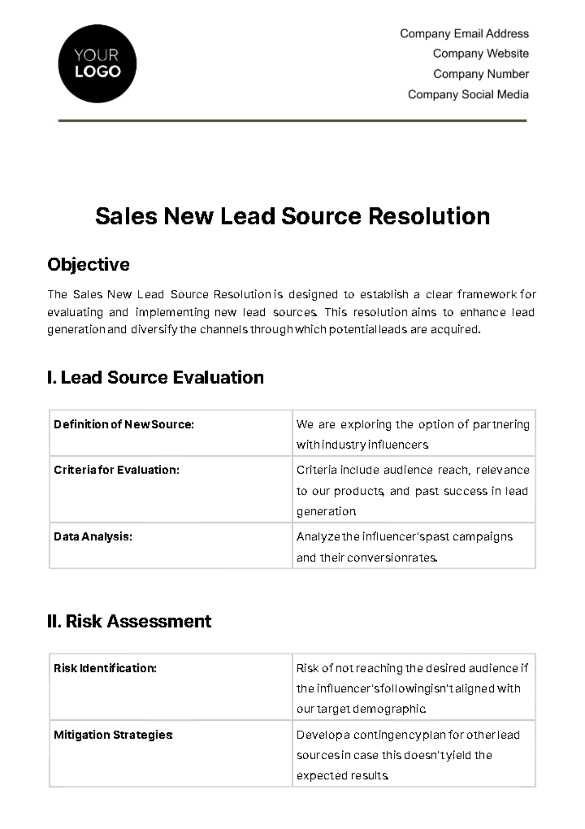 Sales New Lead Source Resolution Template