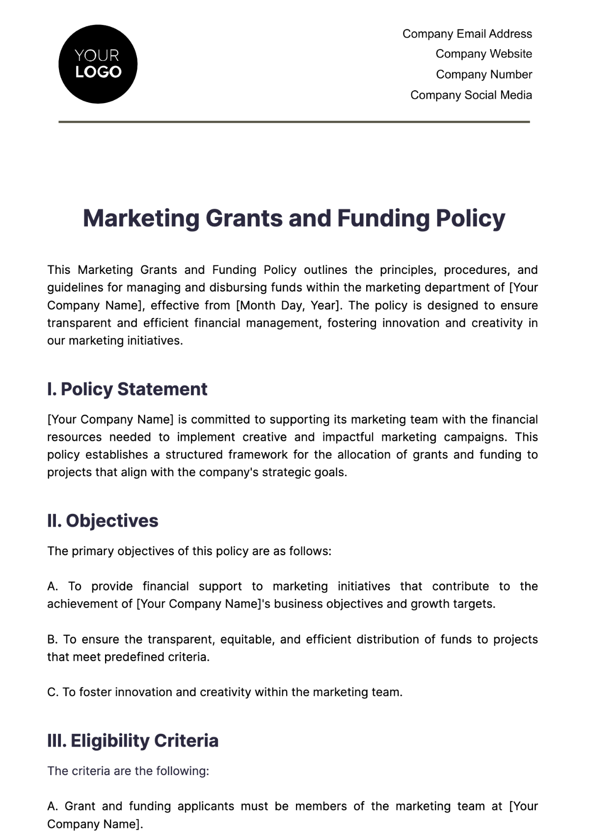 Marketing Grants and Funding Policy Template - Edit Online & Download