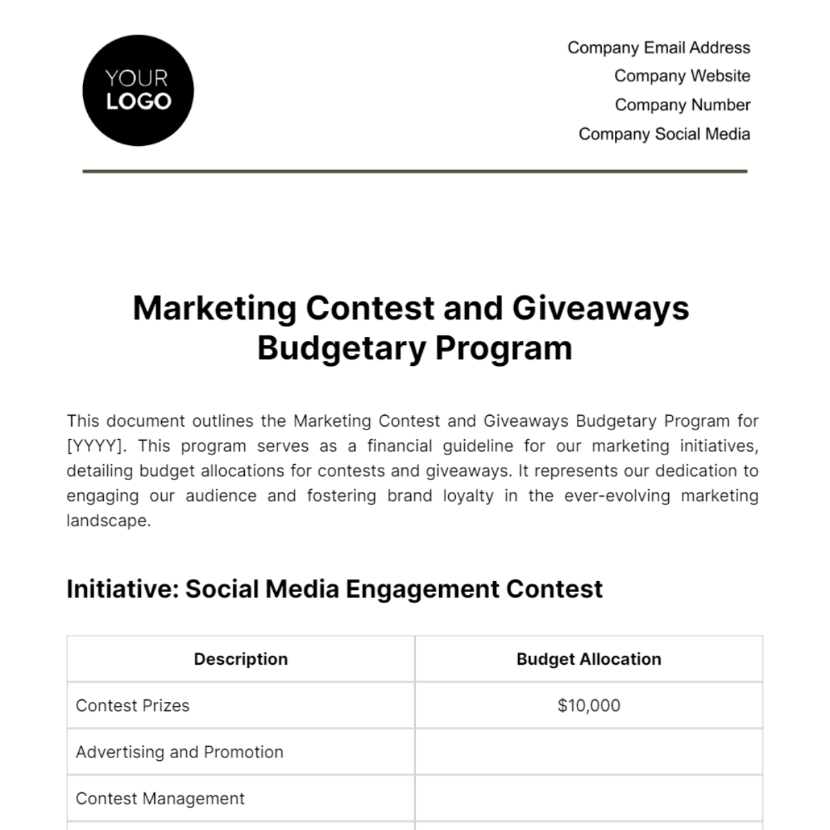 Free Marketing Contest and Giveaways Budgetary Program Template