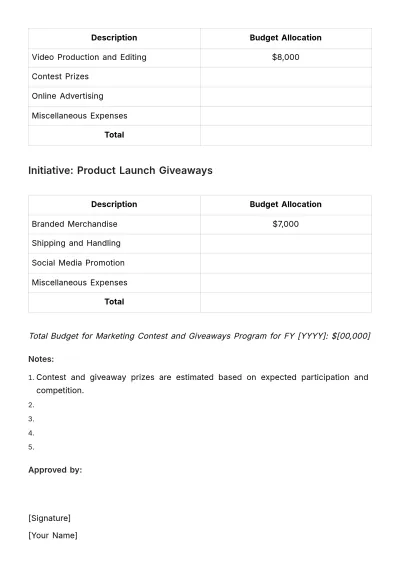 Free Marketing Contest and Giveaways Budgetary Program Template to Edit Online