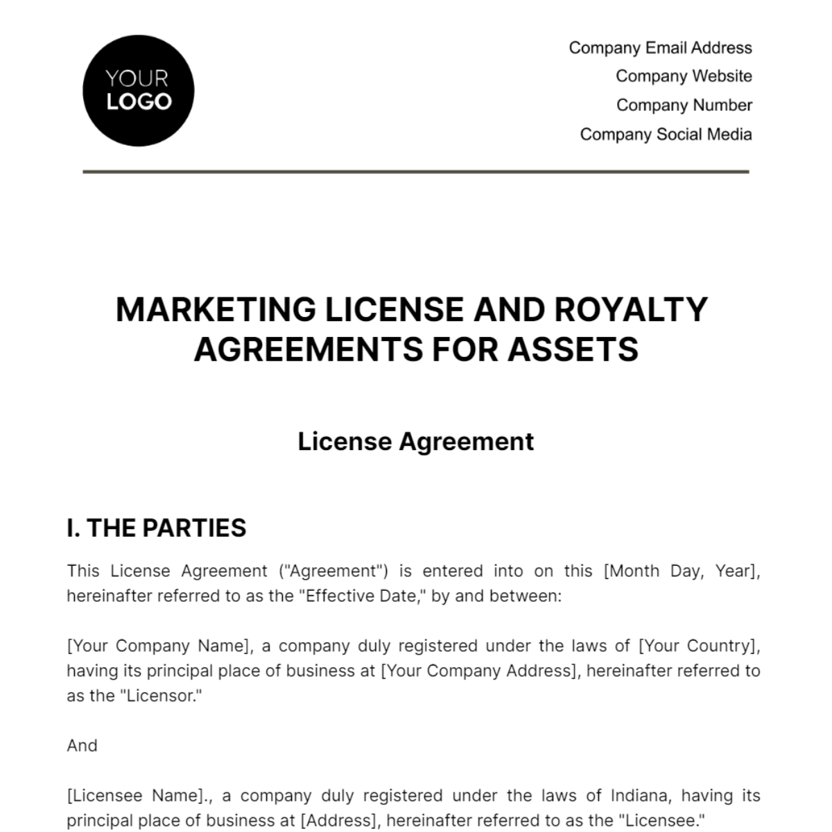 Free Marketing License and Royalty Agreements for Assets Template