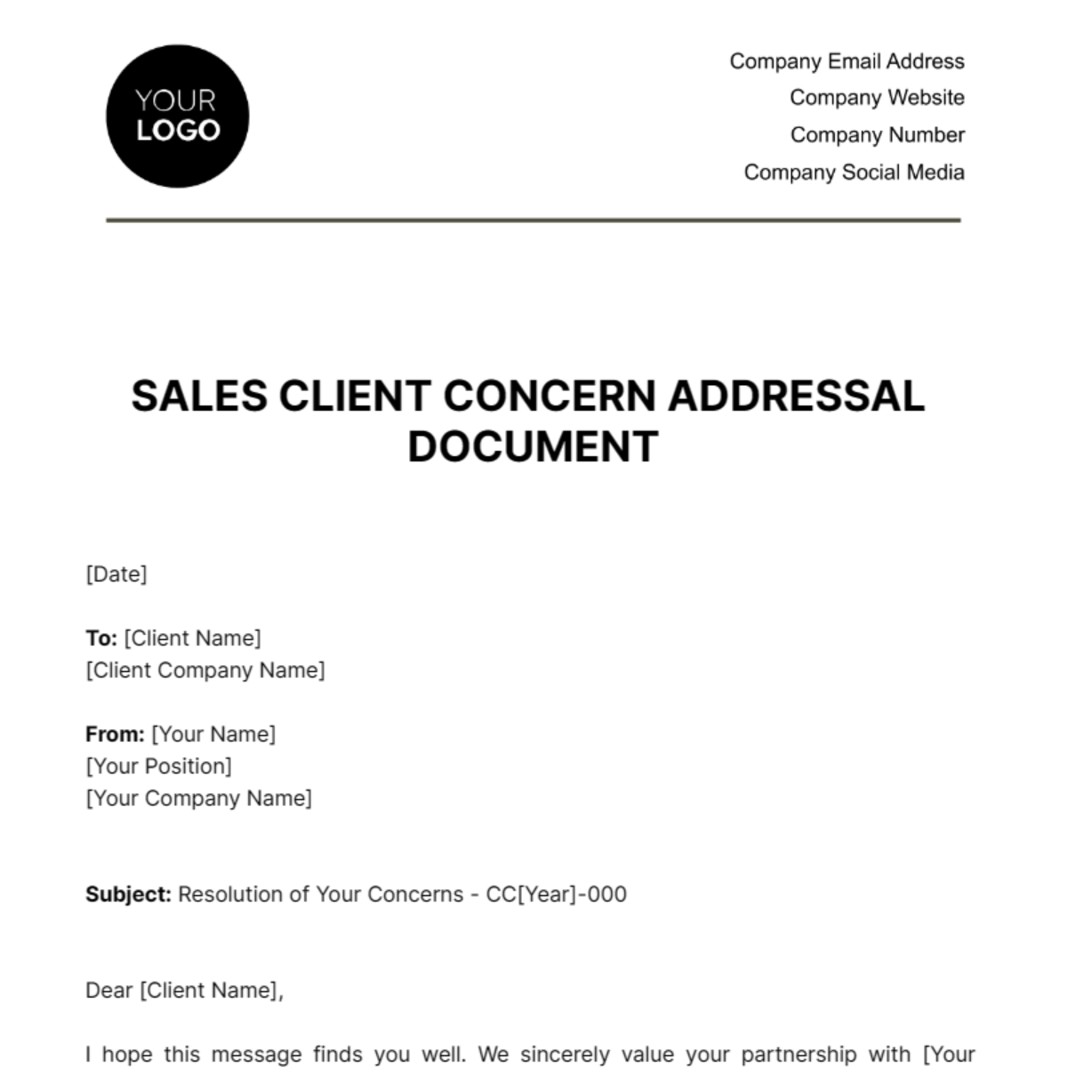 Sales Client Concern Addressal Document Template