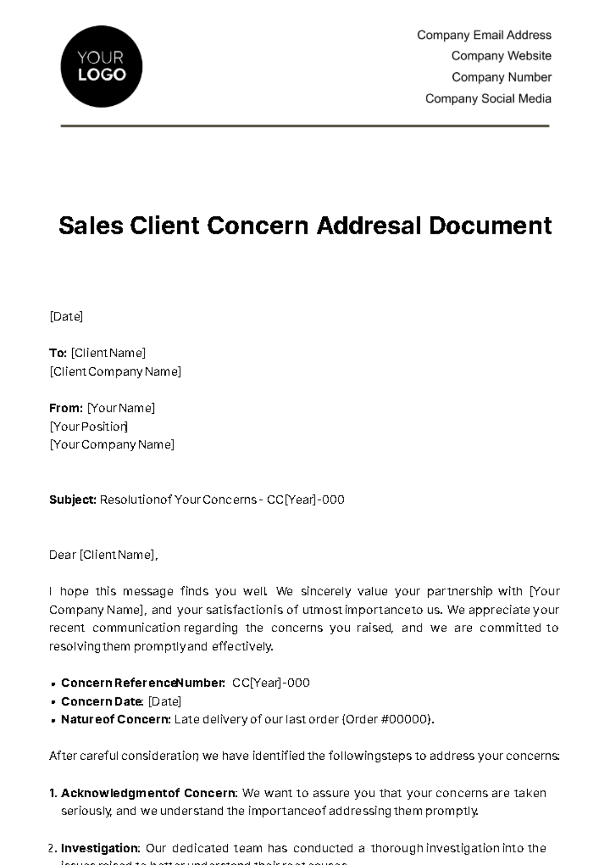 Free Sales Client Concern Addressal Document Template