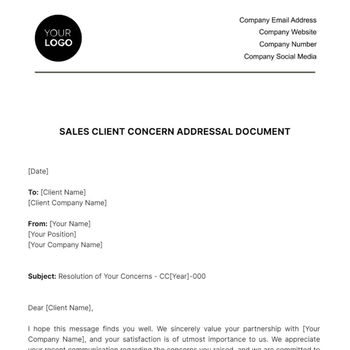 Sales Client Concern Addressal Document Template