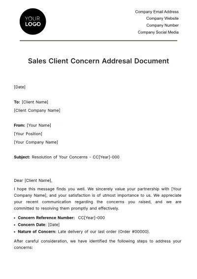 Free Sales Client Concern Addressal Document Template to Edit Online