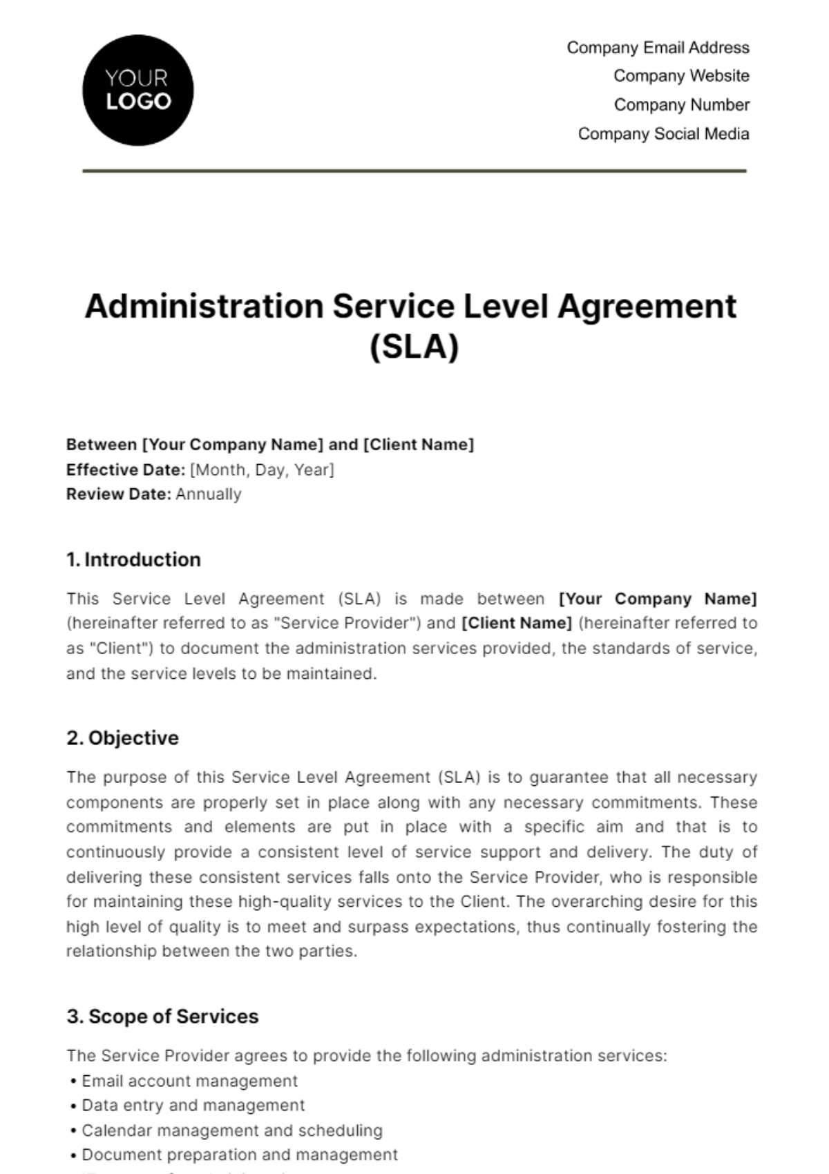 Free Administration Service Level Agreement (SLA) Template