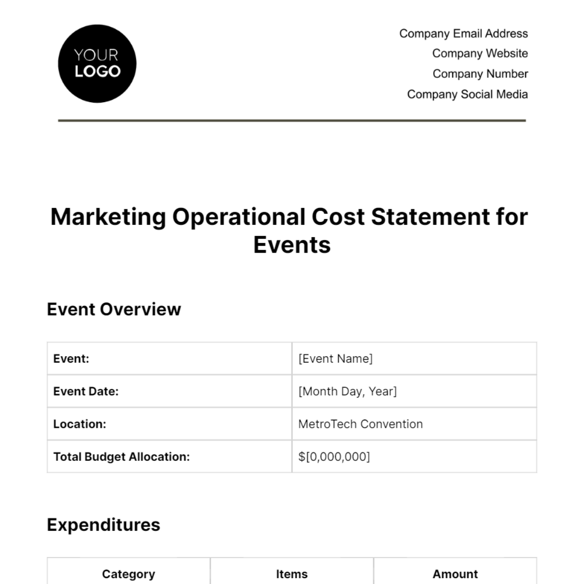 Marketing Operational Cost Statement for Events Template