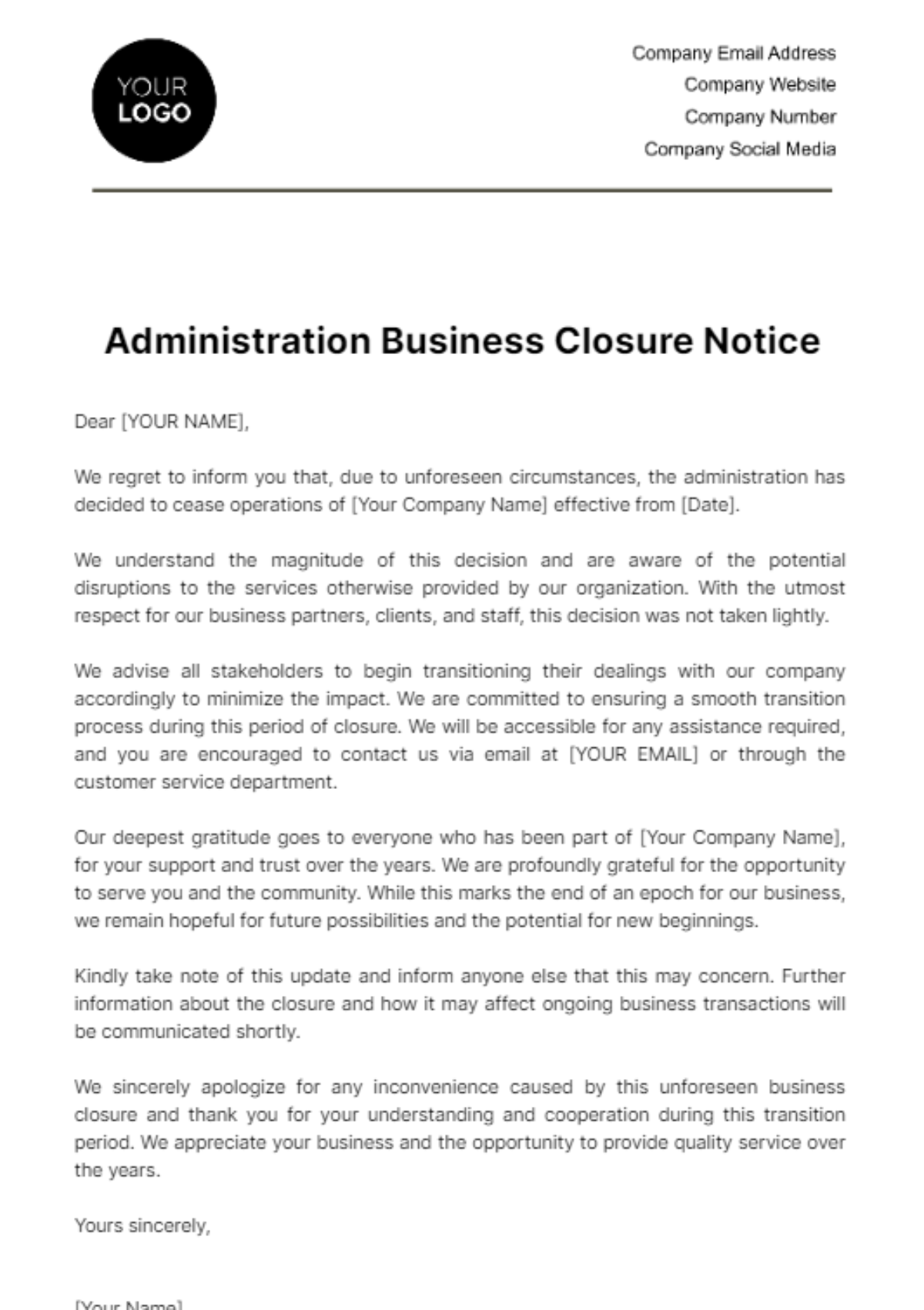 Administration Business Closure Notice Template