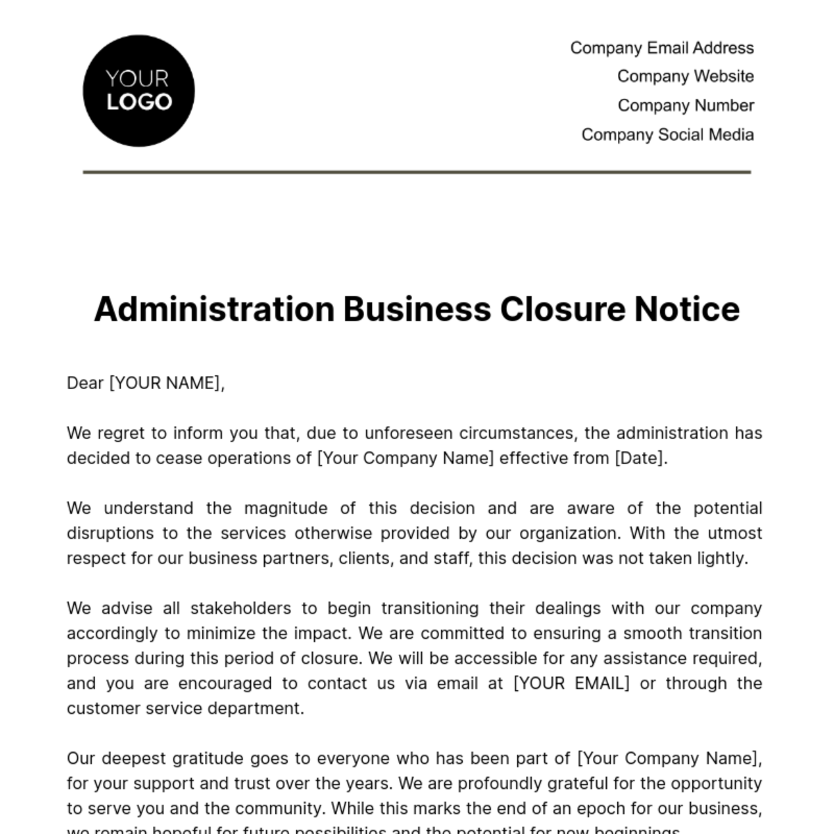 Administration Business Closure Notice Template - Edit Online ...