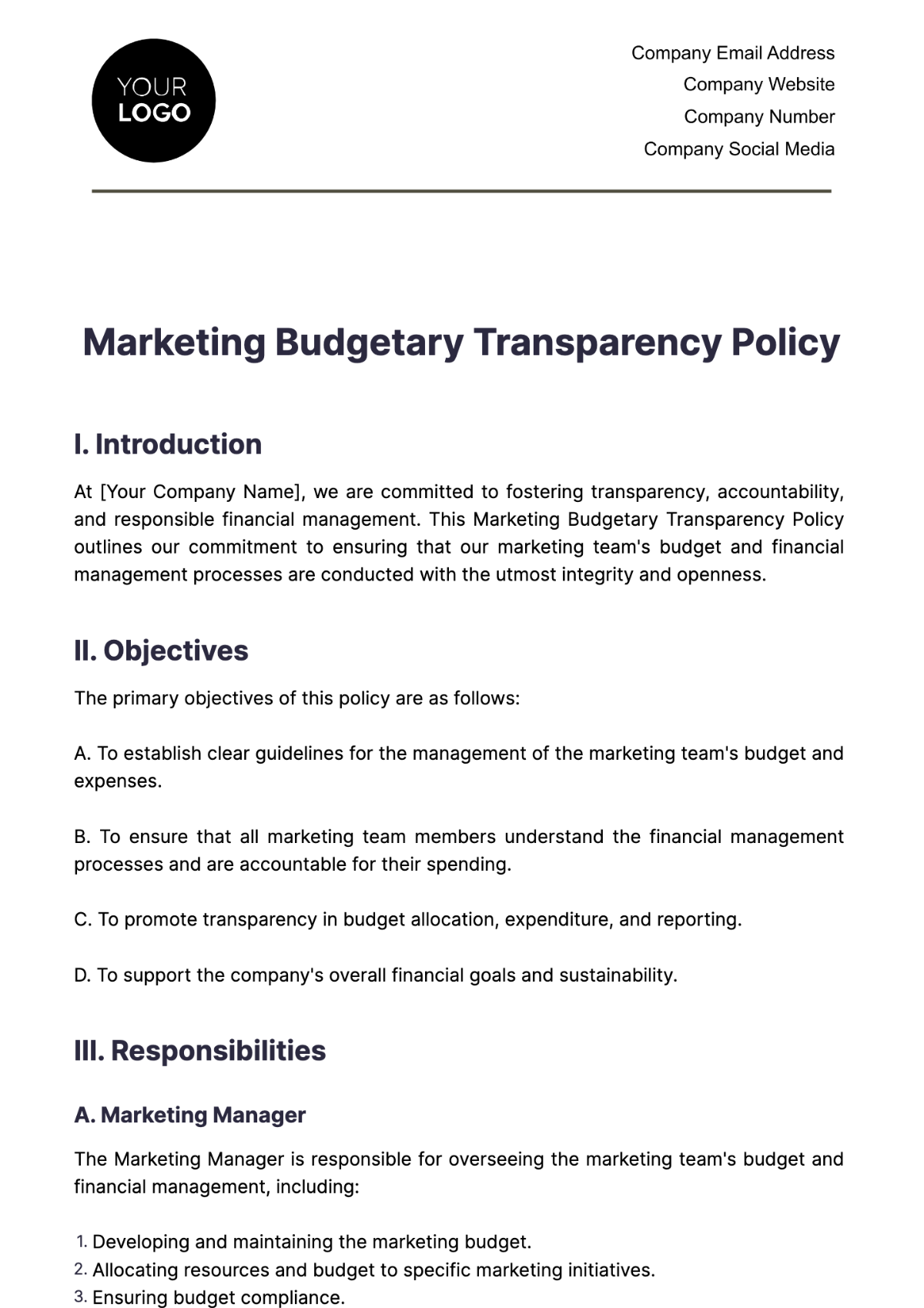 Marketing Budgetary Transparency Policy Template - Edit Online & Download